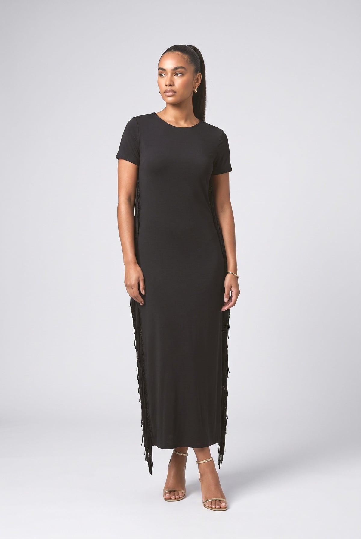 Short Sleeve Fringe Maxi Dress, black