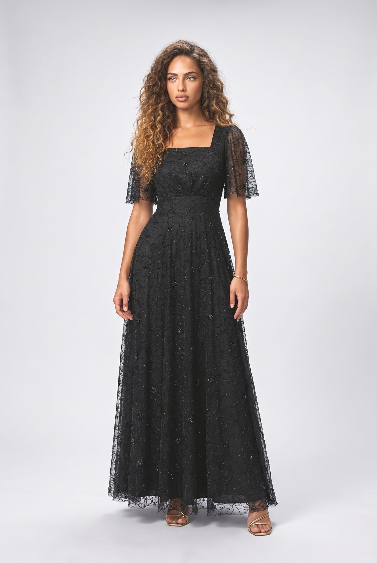Floral Tulle Square Neck Maxi Dress, black