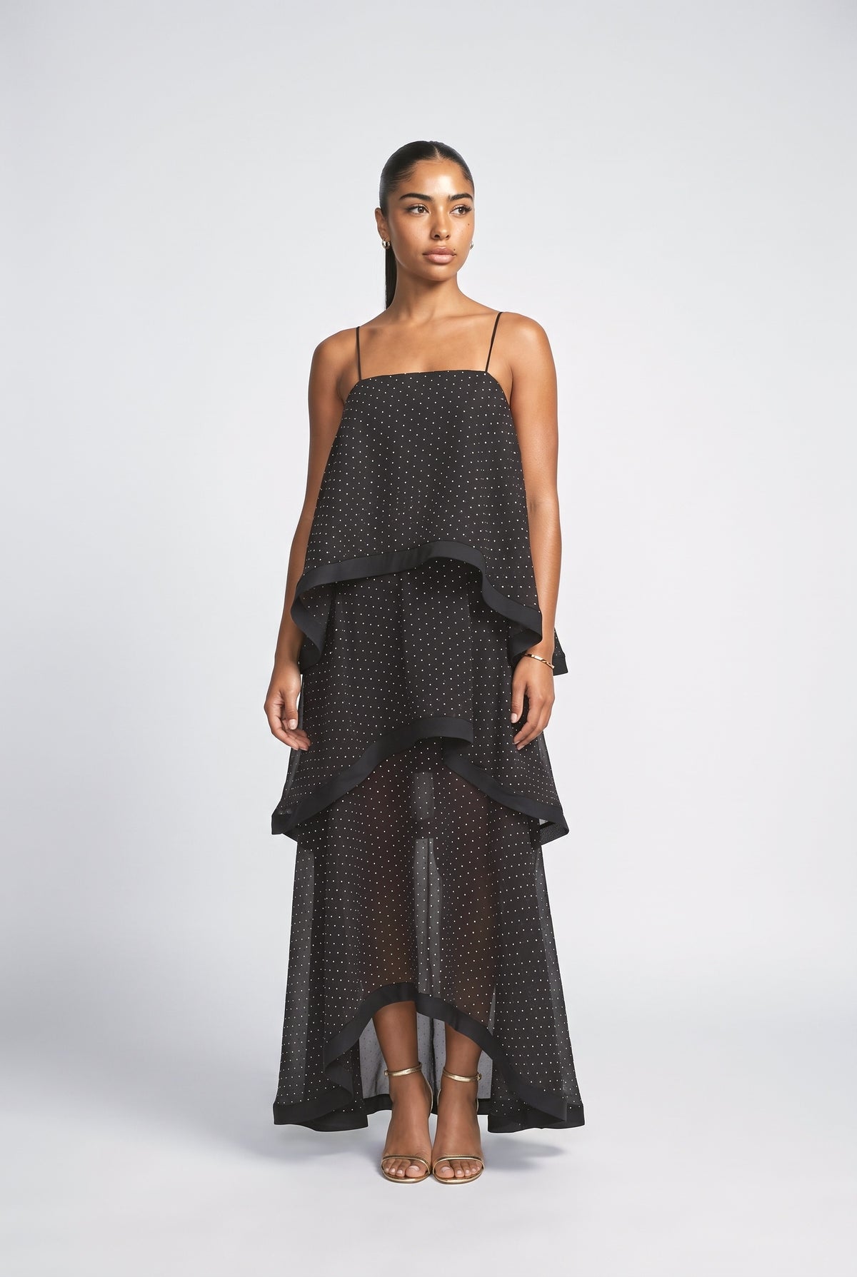 Polka Dot Tiered Maxi Dress, black