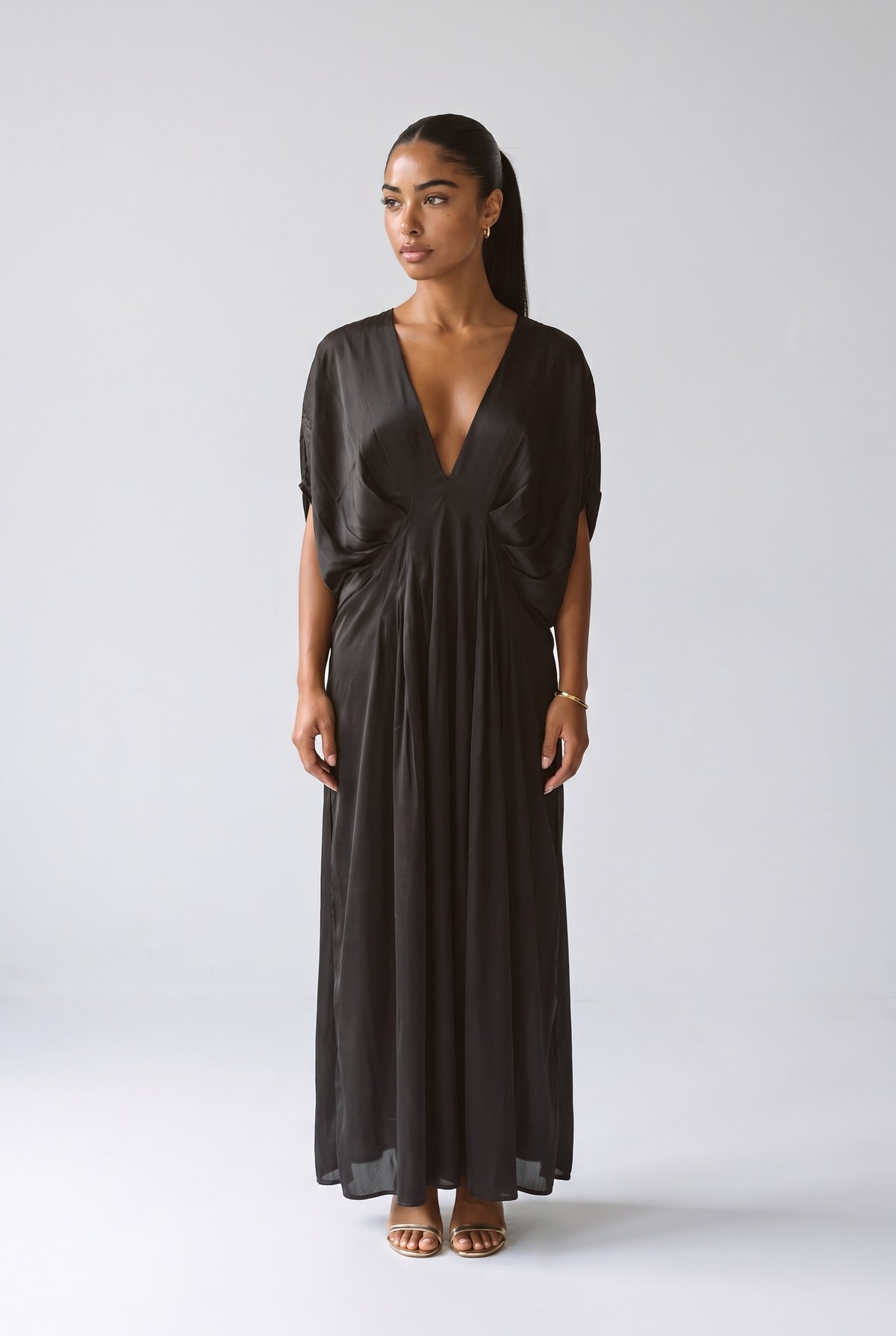 Black V-Neck Pleated Maxi Dress, black