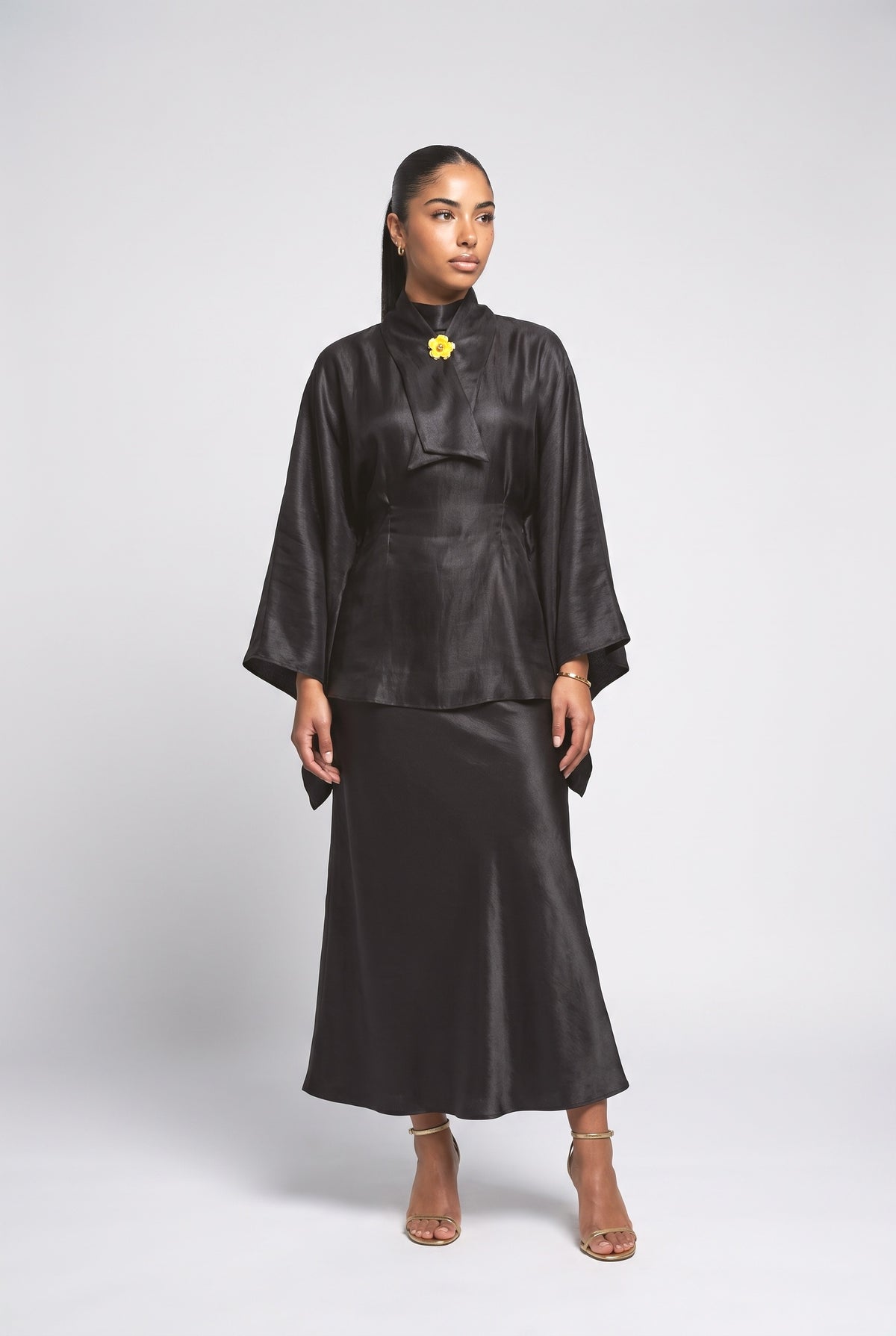 Shimmer Satin Batwing Sleeve Top & Maxi Skirt Two-Piece Set, black