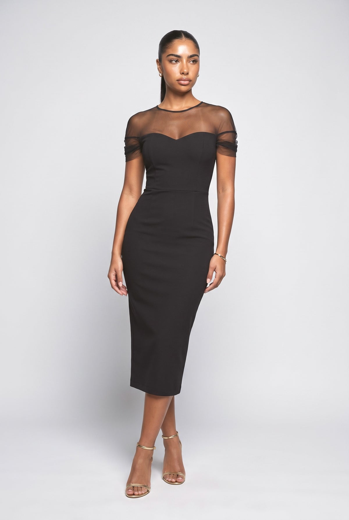 Mesh Sweetheart Bodycon Midi Dress, black