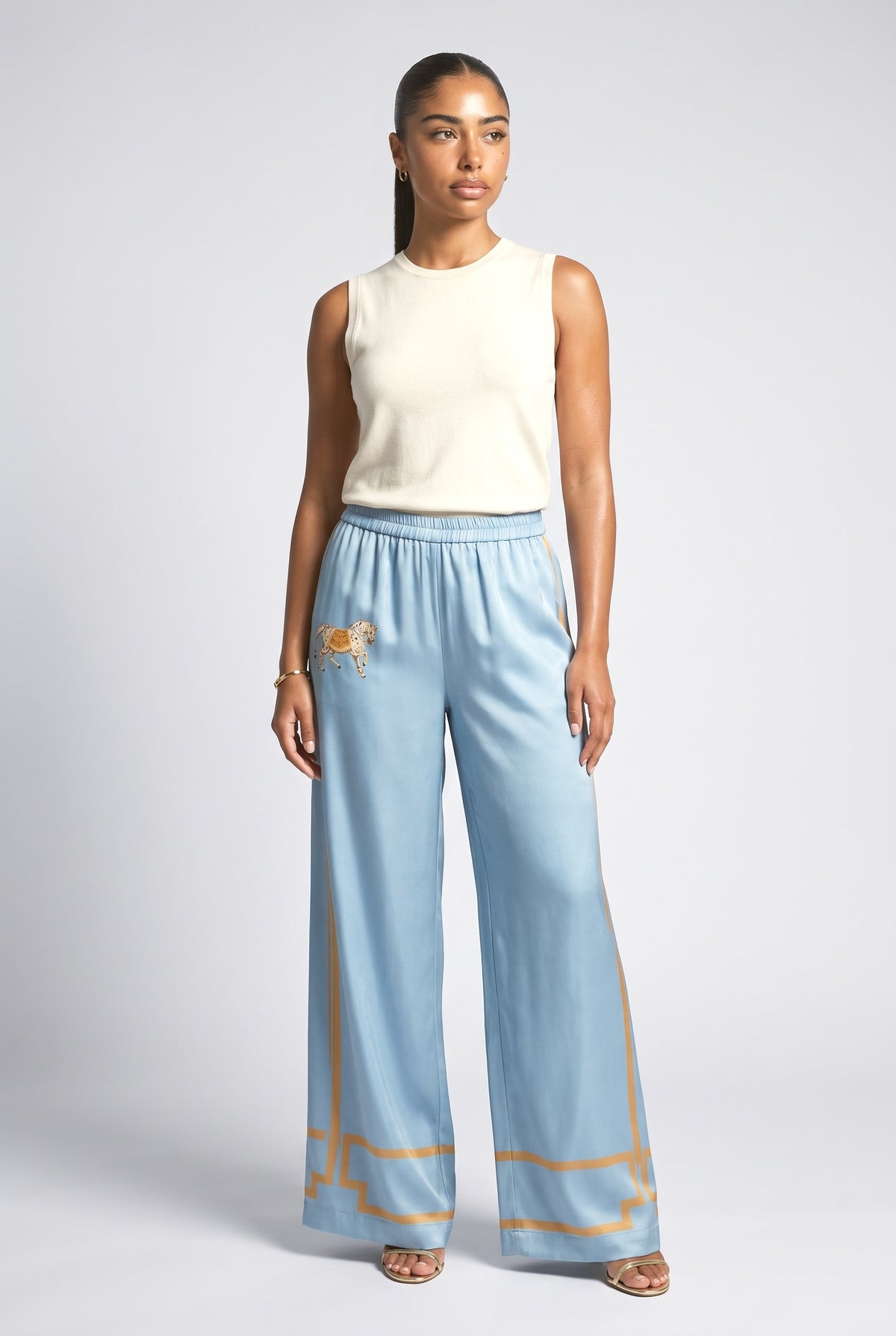 Satin Horse Print Wide-Leg Pants, blue pants