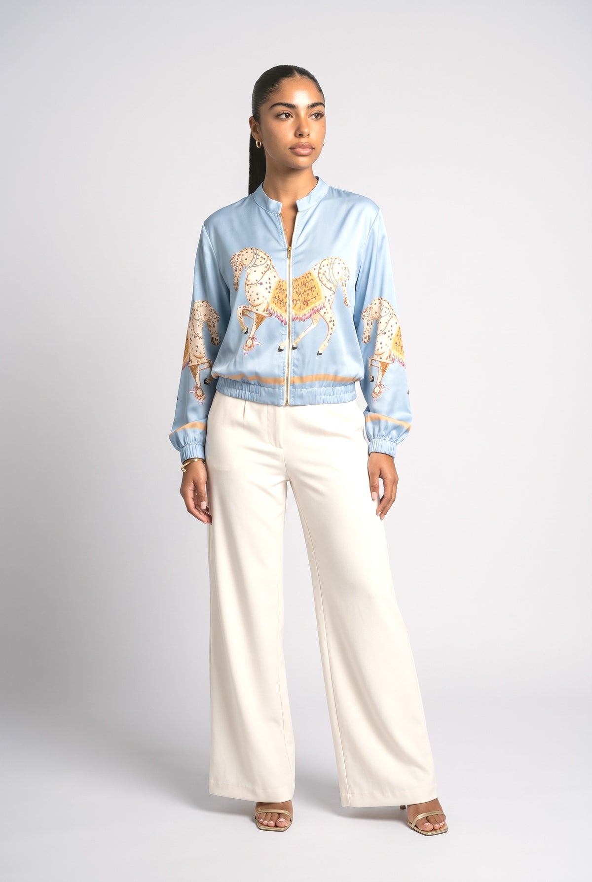 Satin Horse Print Zip-Up Shirt, blue set