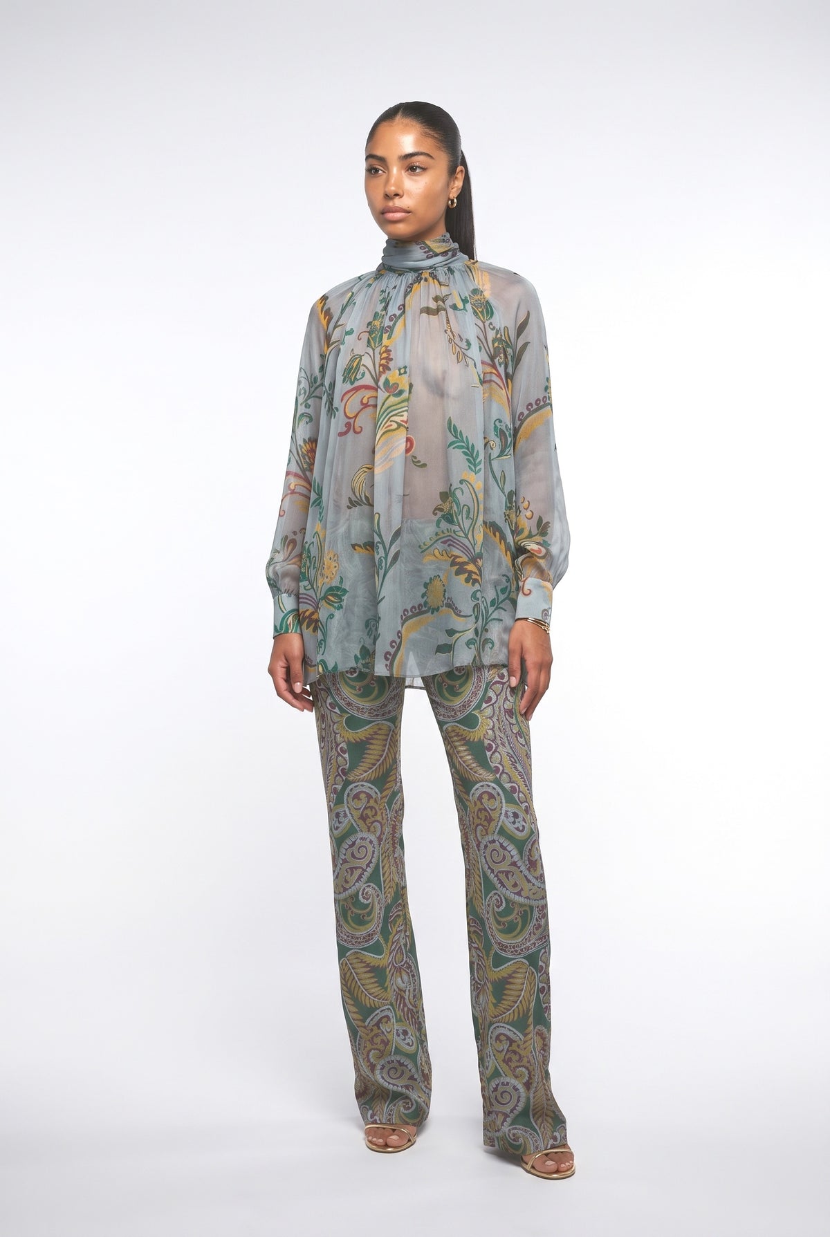 Floral Chiffon Pleated Outfit Set, blue suit
