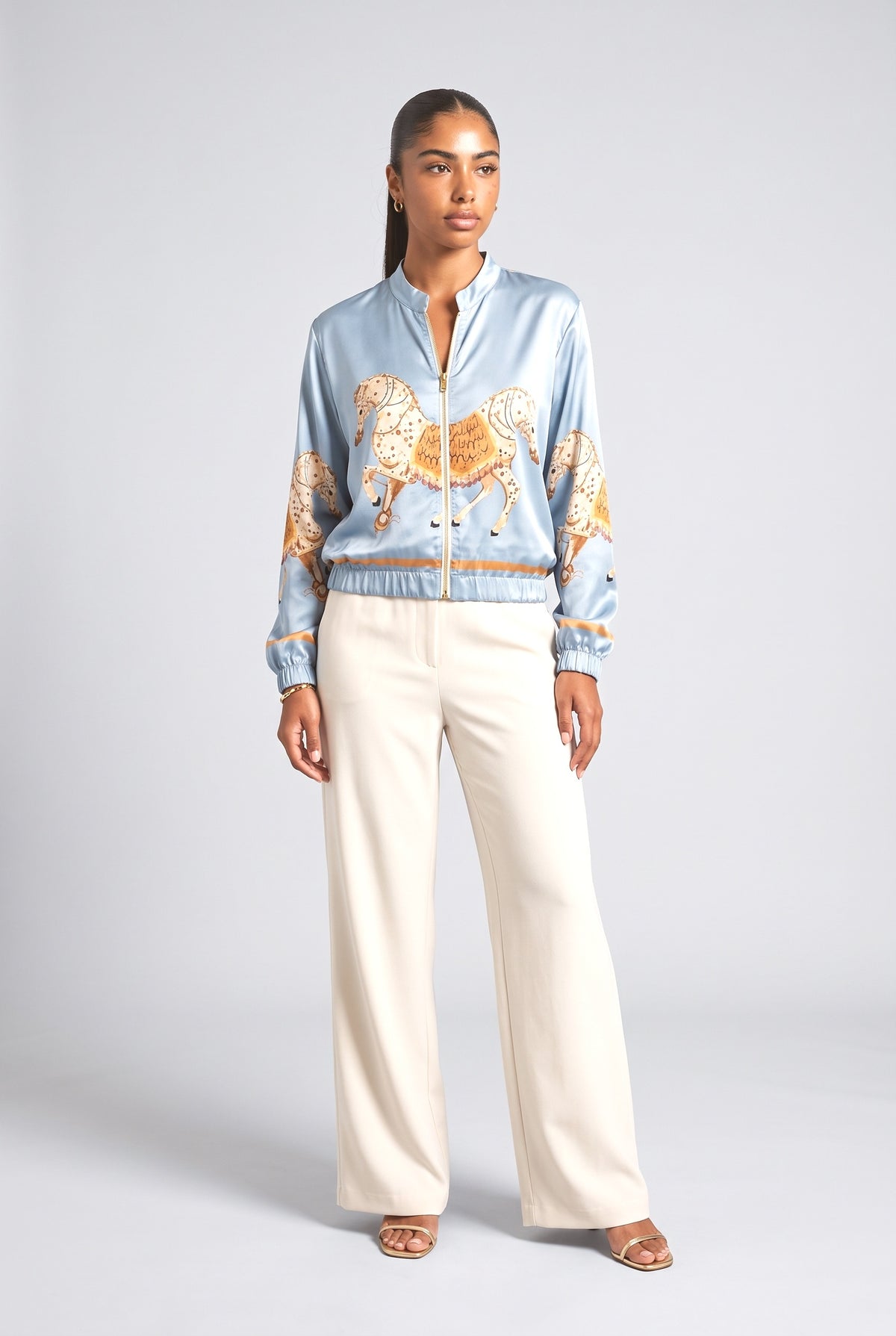Satin Horse Print Zip-Up Shirt, blue top