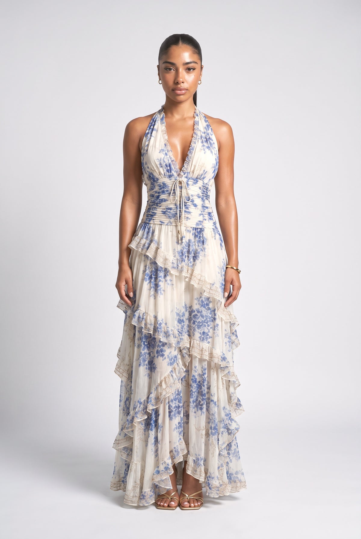 Blue Floral Lace Halter Neck Ruffle Maxi Dress, blue