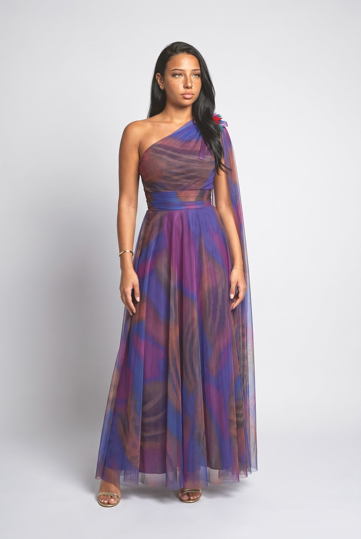 Print Tulle One-Shoulder Cape Maxi Dress, blue