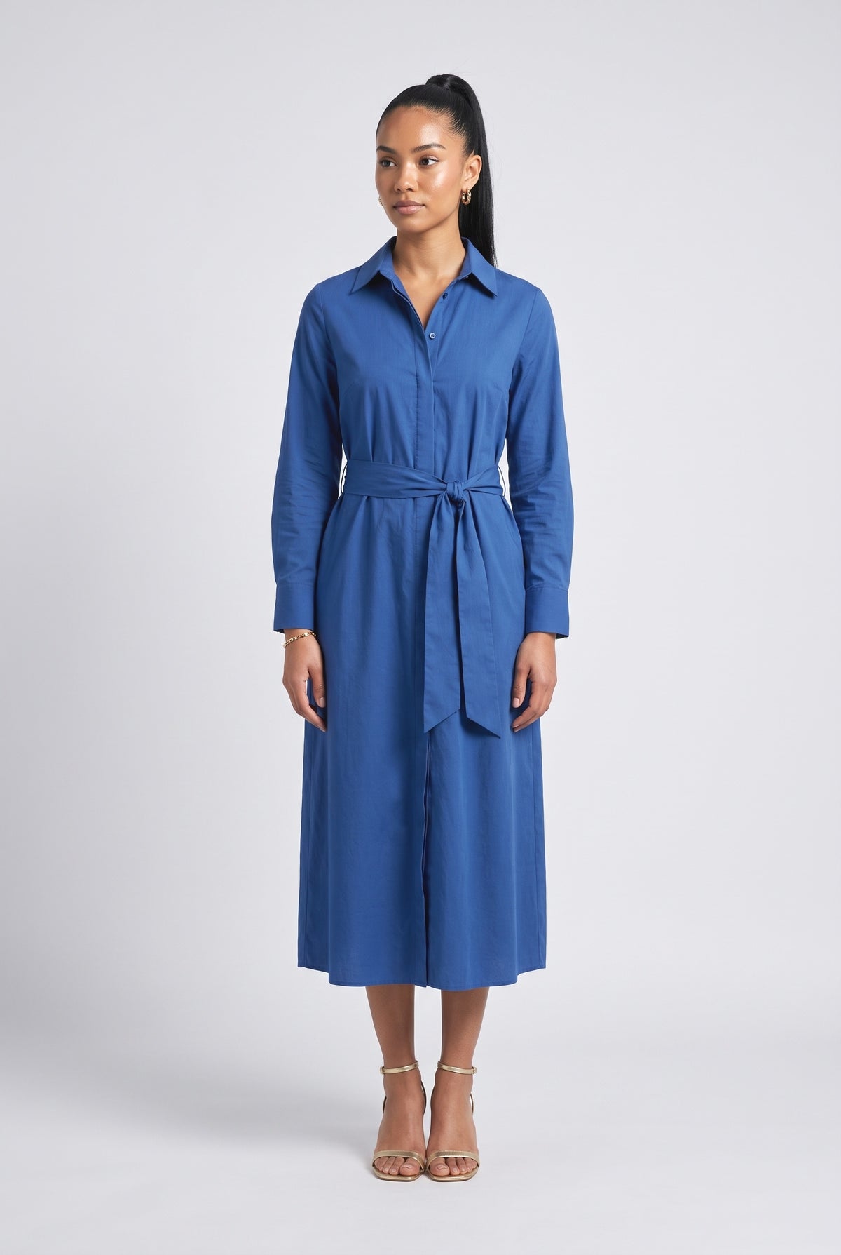 Shirt Style Single-breasted Tie Midi Dress, blue