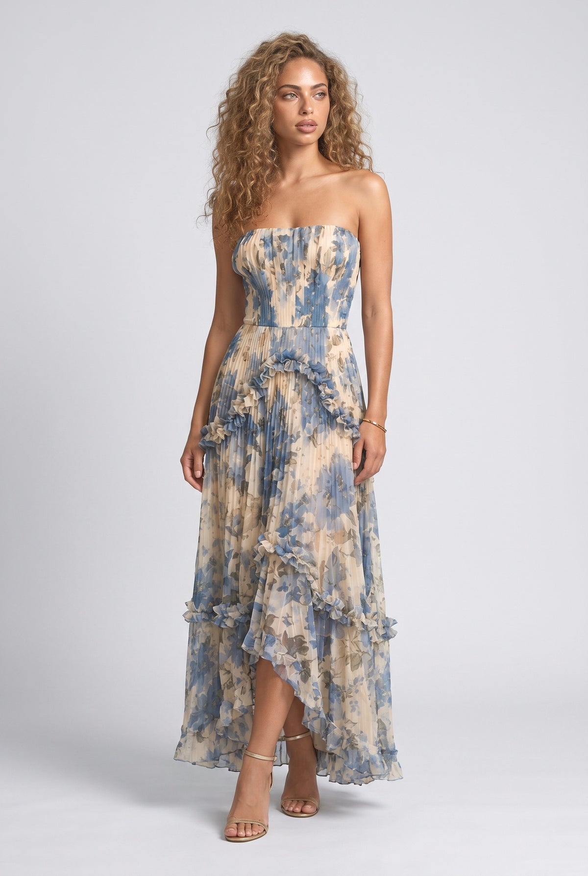 Blue Floral Strapless Tiered Maxi Dress, blue