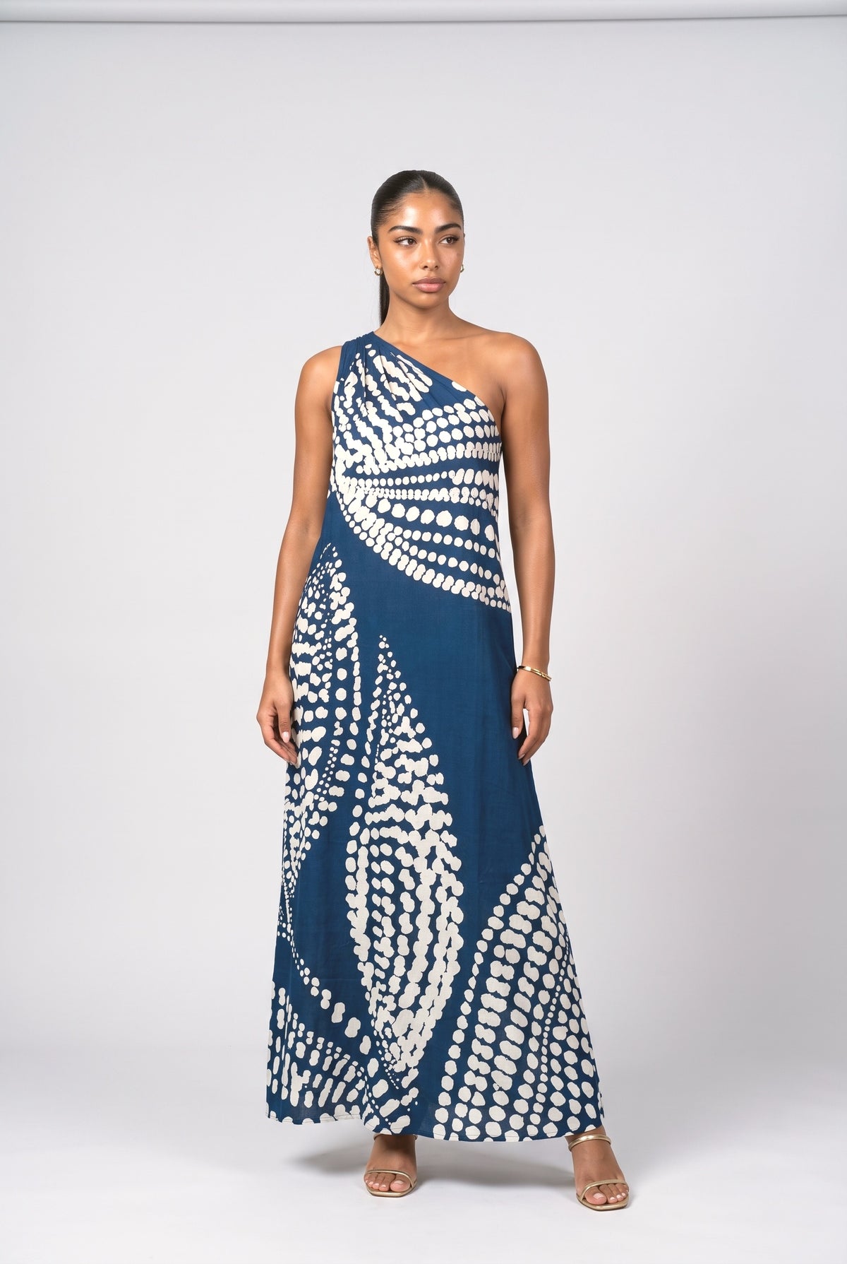 Polka Dot One-Shoulder Maxi Dress, blue