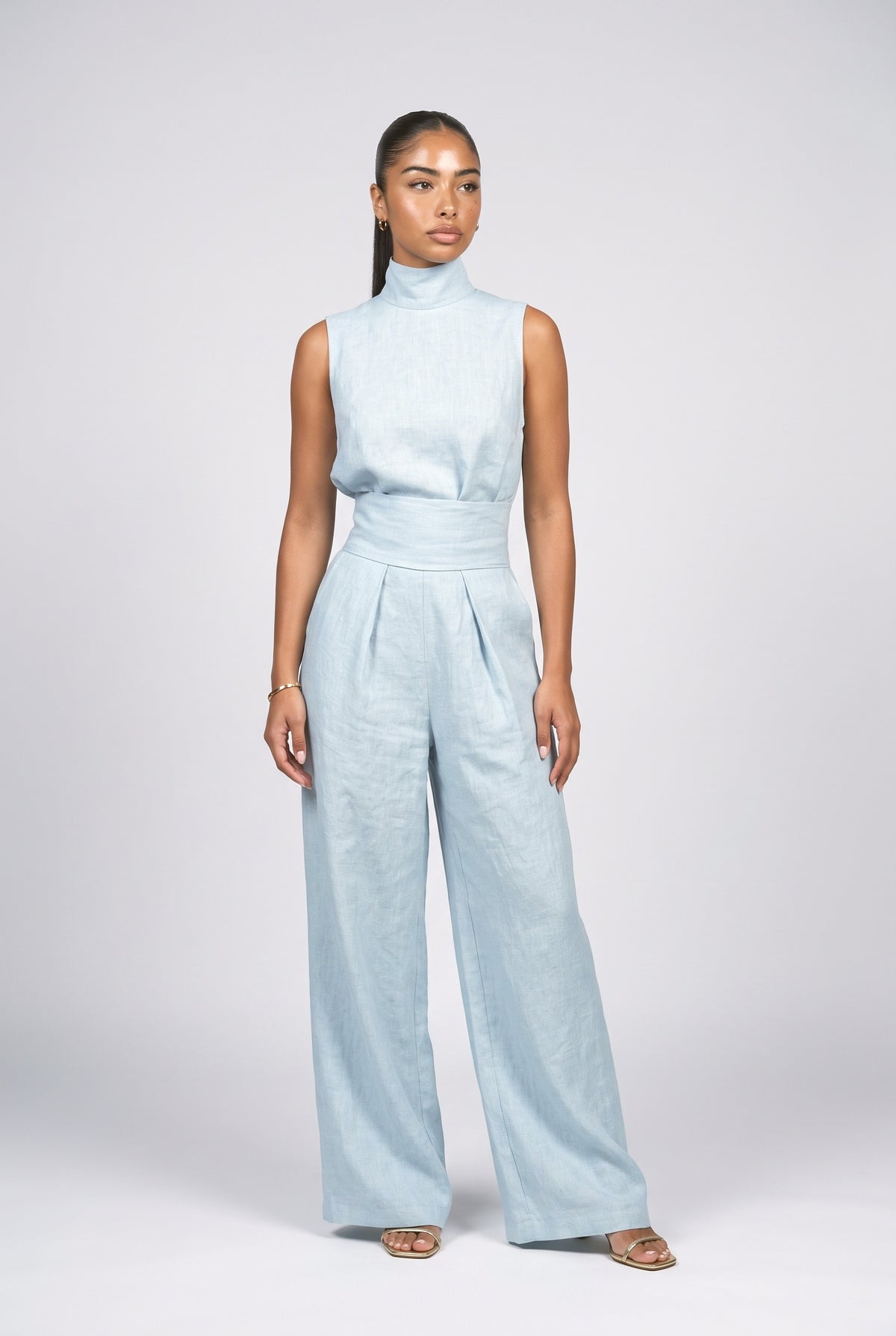 Linen High Neck Outfit Set, blue