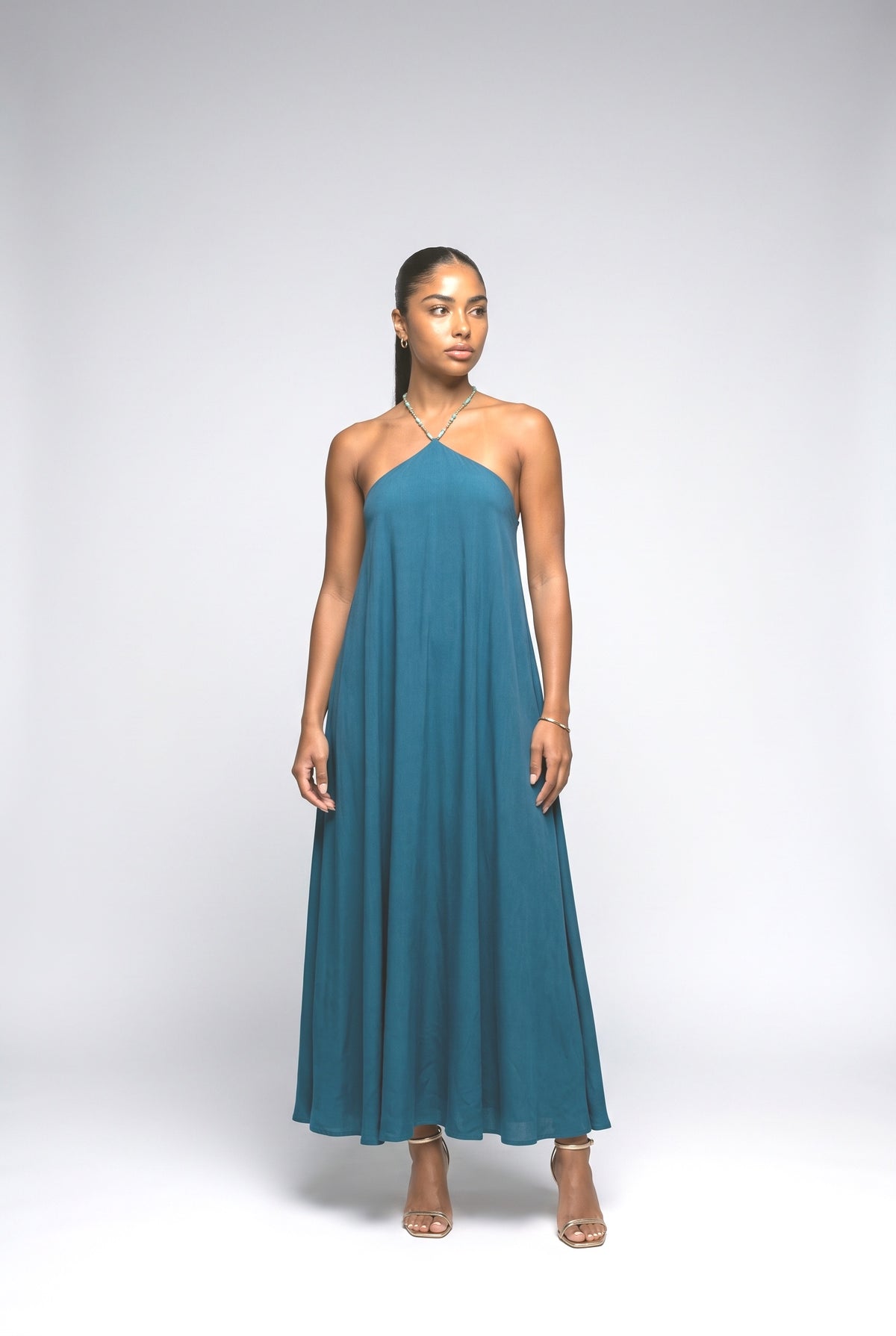 Beaded Halter Neck Flowy Maxi Dress, blue