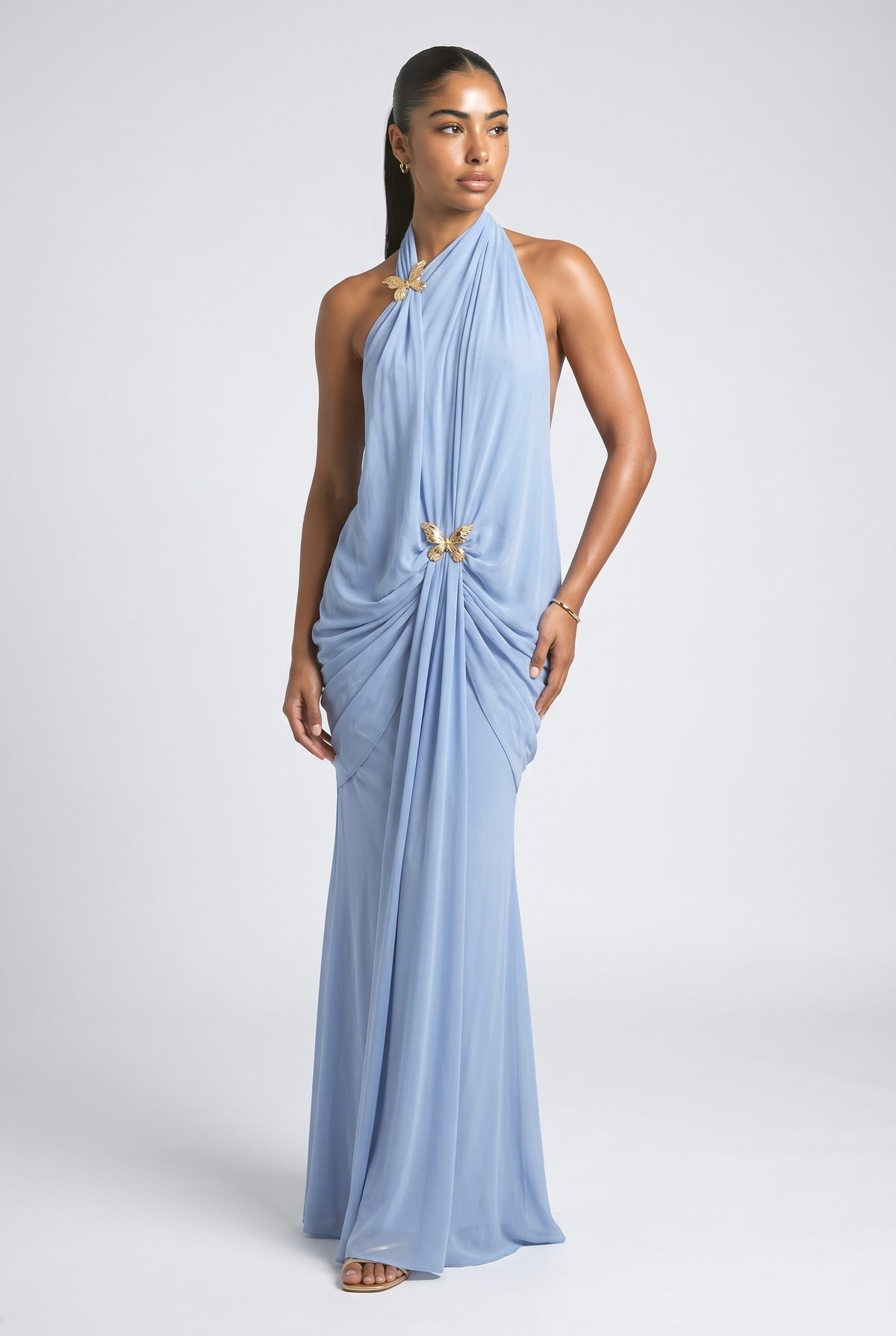 Chiffon Backless Maxi Dress, blue
