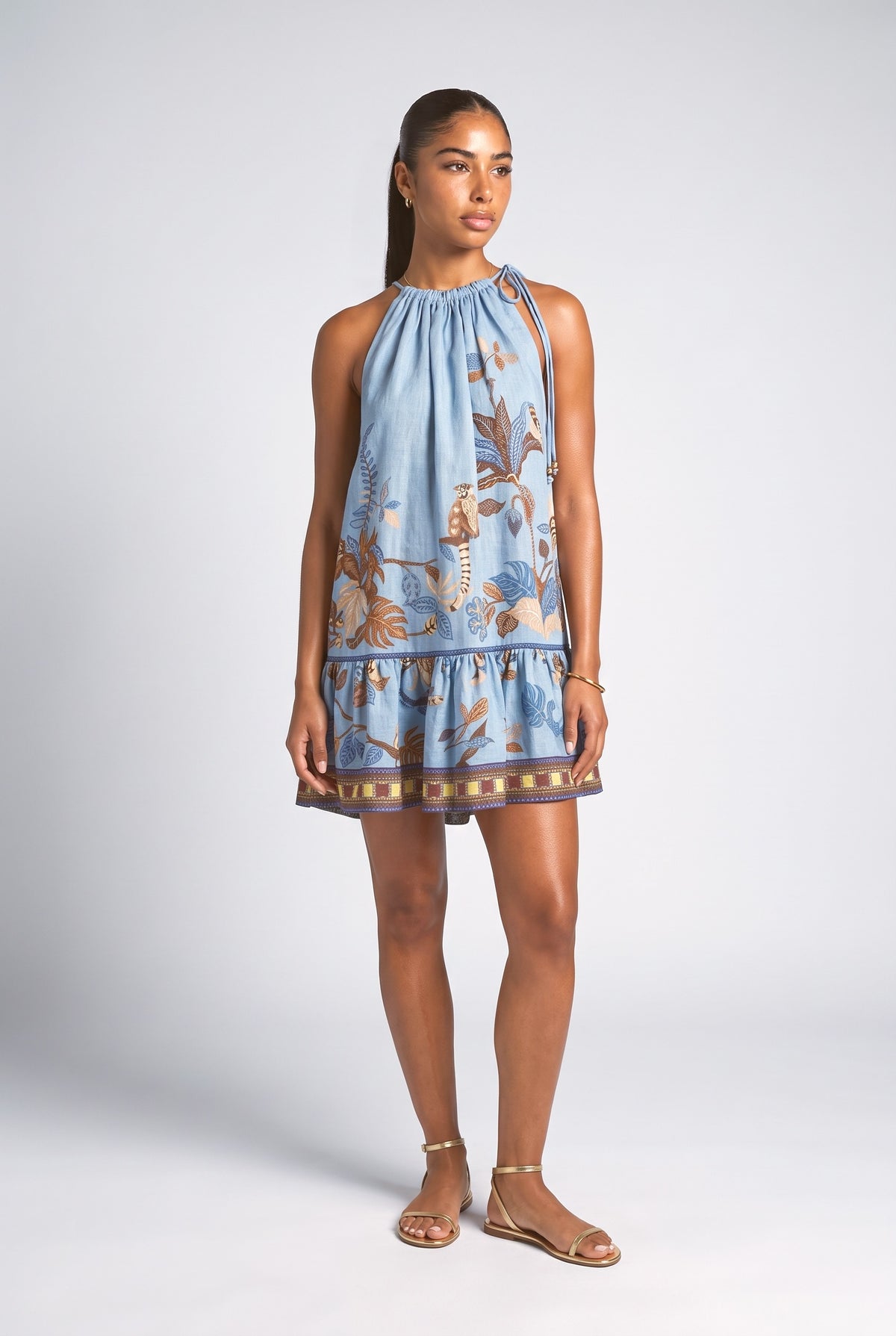 Blue Floral Linen Tiered Mini Dress, blue