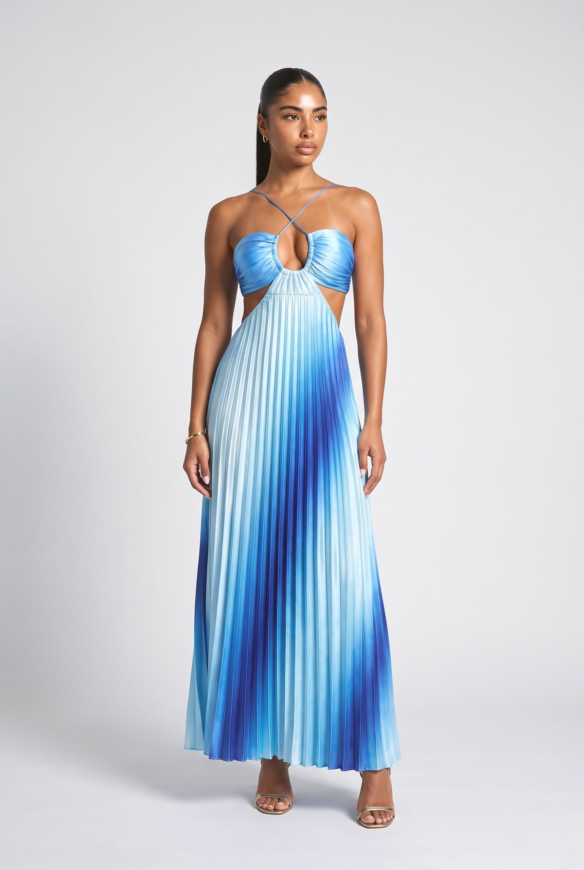 Ombre Halter Pleated Maxi Dress, blue