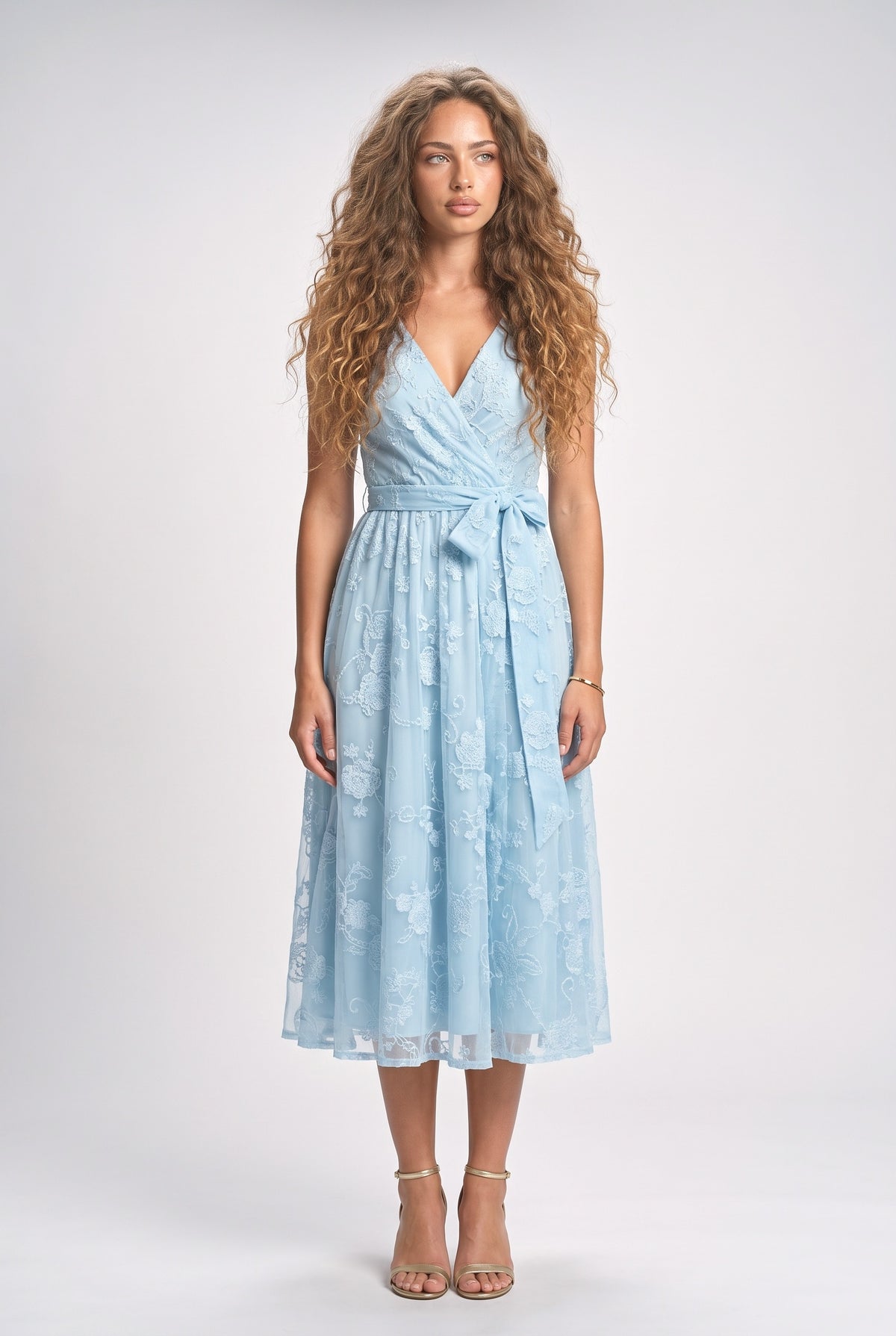 Lace V-Neck Midi Dress, blue