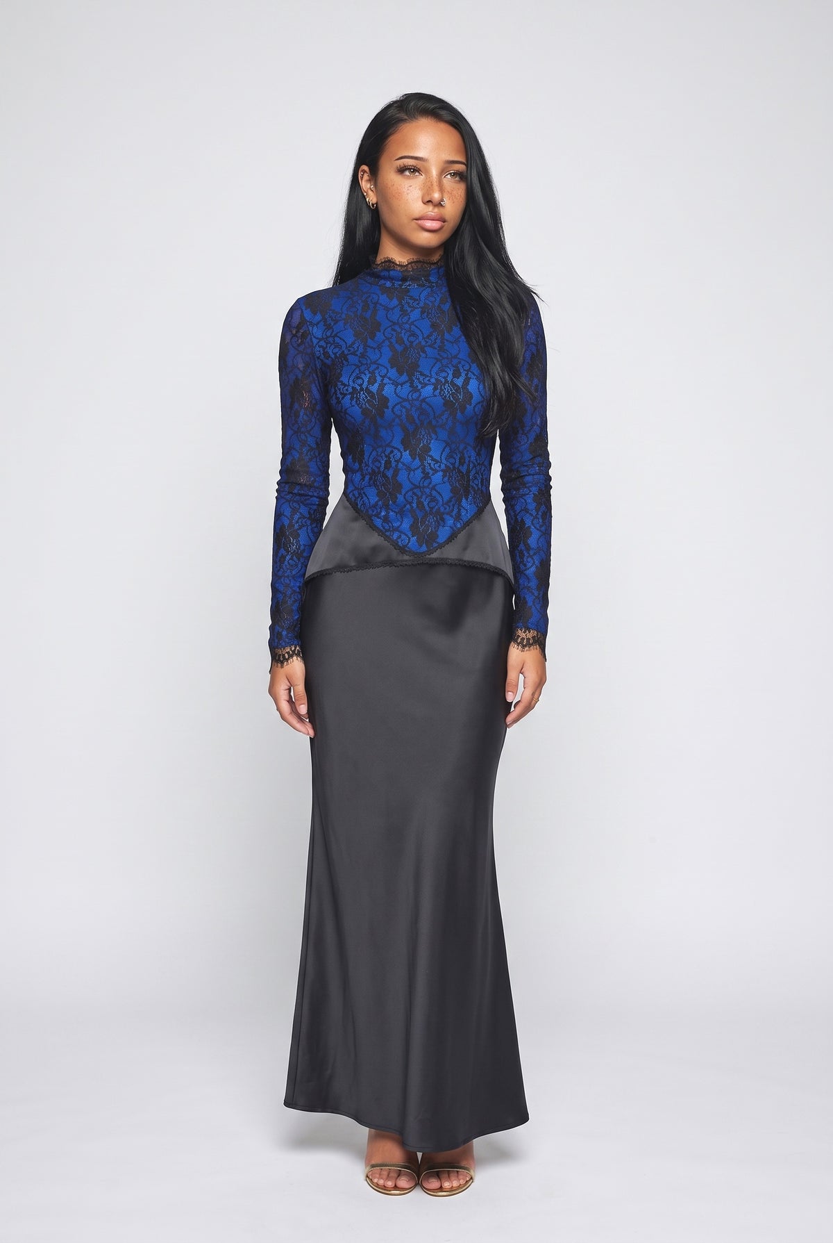 Lace Bodice Satin Mermaid Maxi Dress, blue