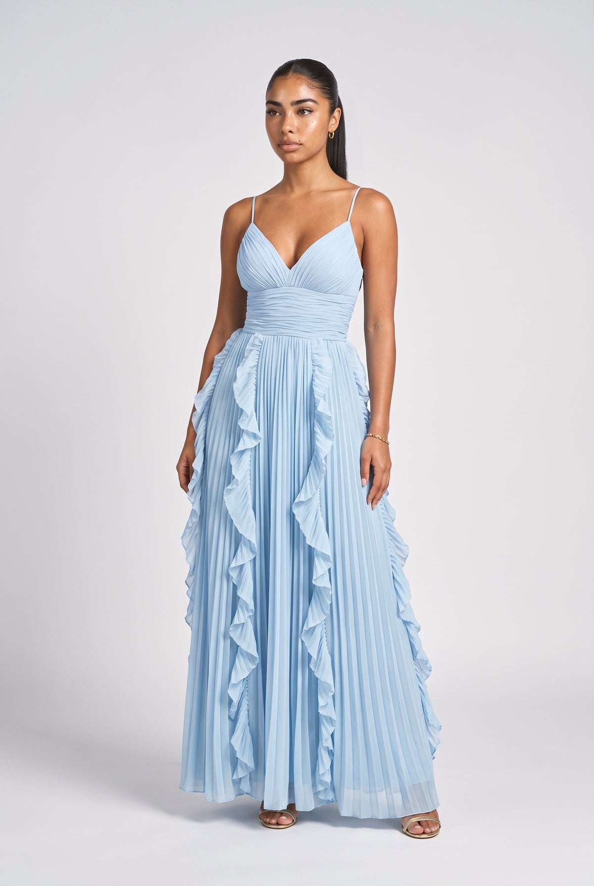 Chiffon Strappy Pleated Maxi Dress, blue