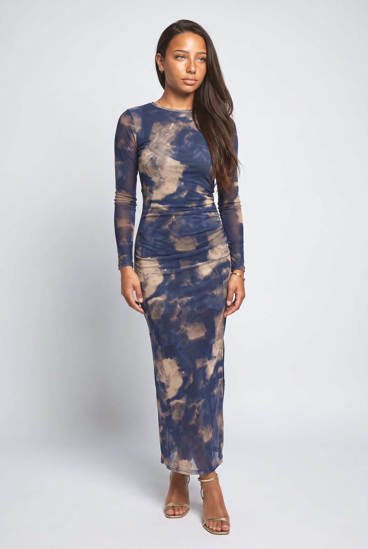 Tie-Dye Mesh Long Sleeve Ruched Midi Dress, blue