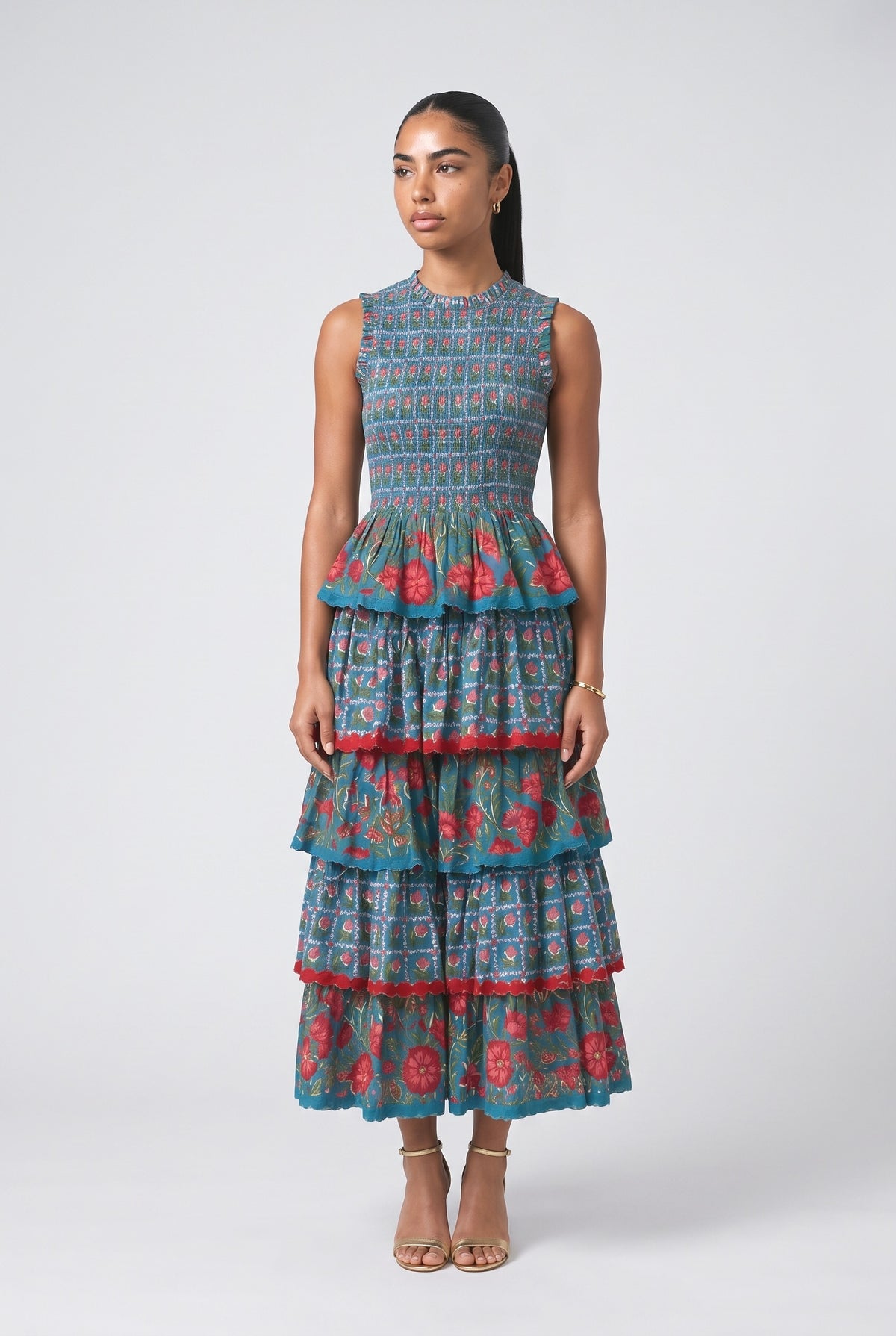 Print Pleated Maxi Dress, blue