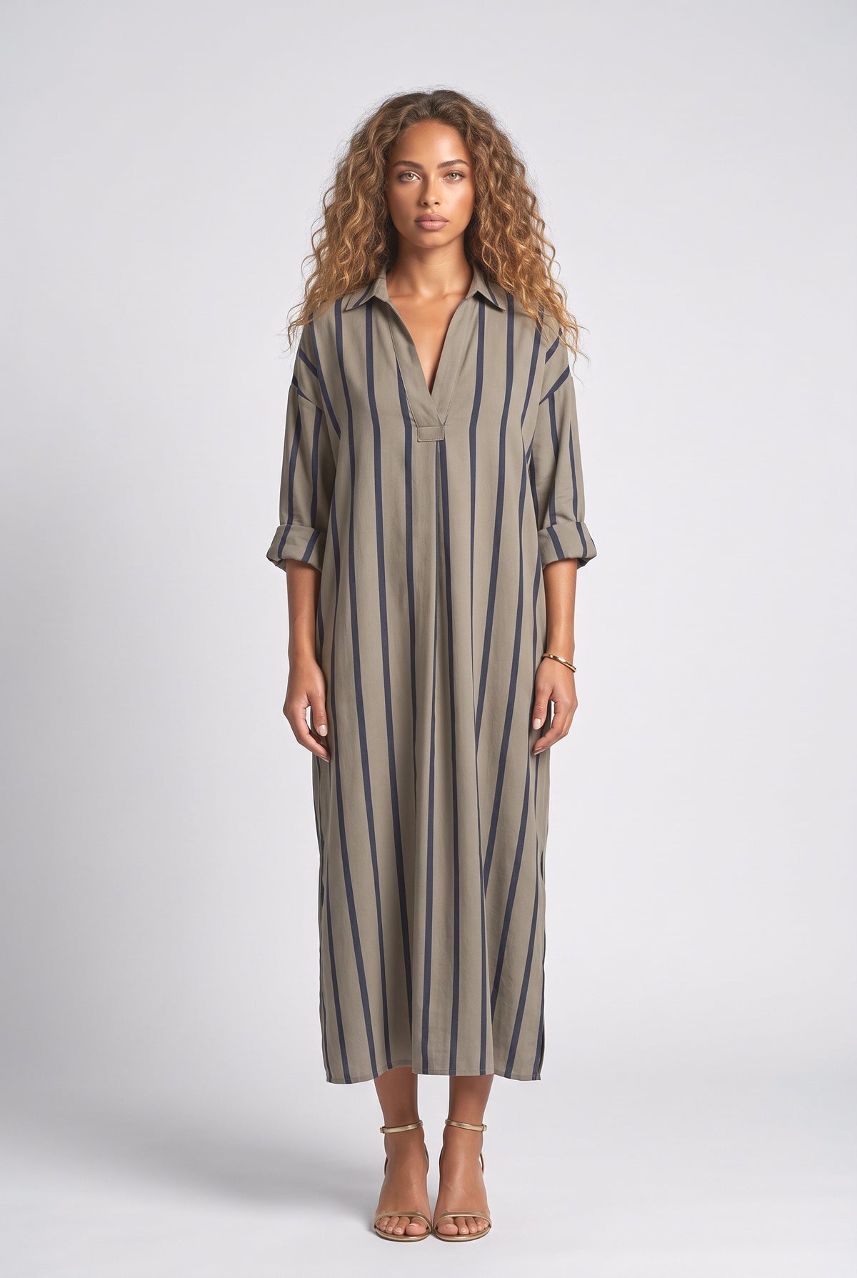 Striped V-Neck Dress, blue