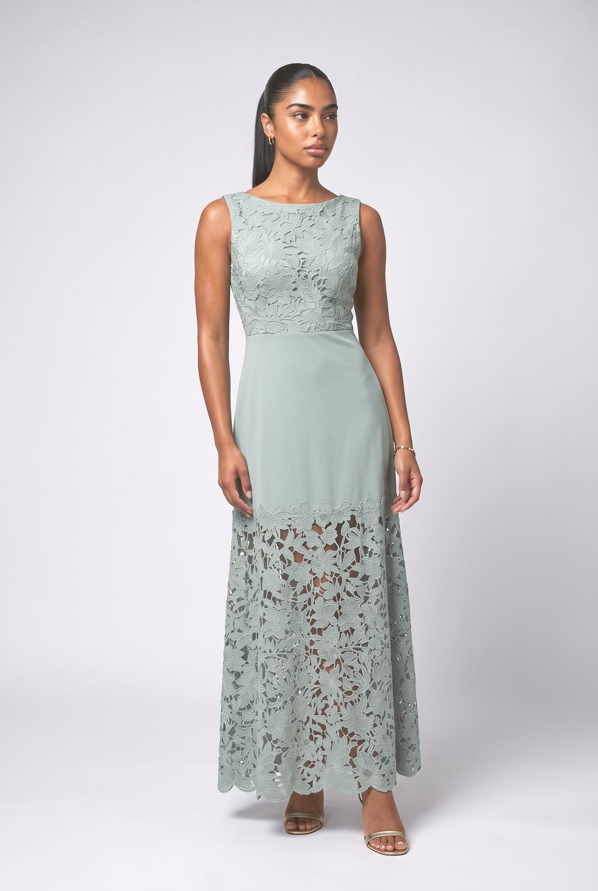 Lace Boat Neck Sleeveless Maxi Dress, blue