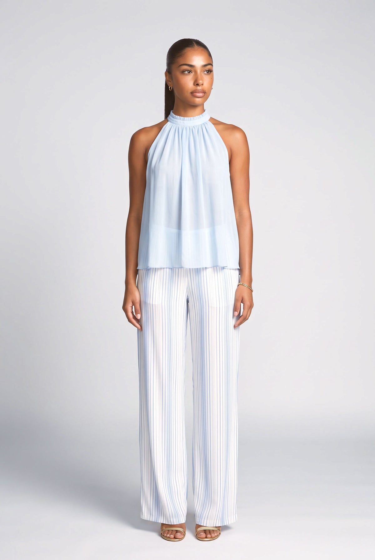 Blue Striped Sleeveless Outfit Set, blue