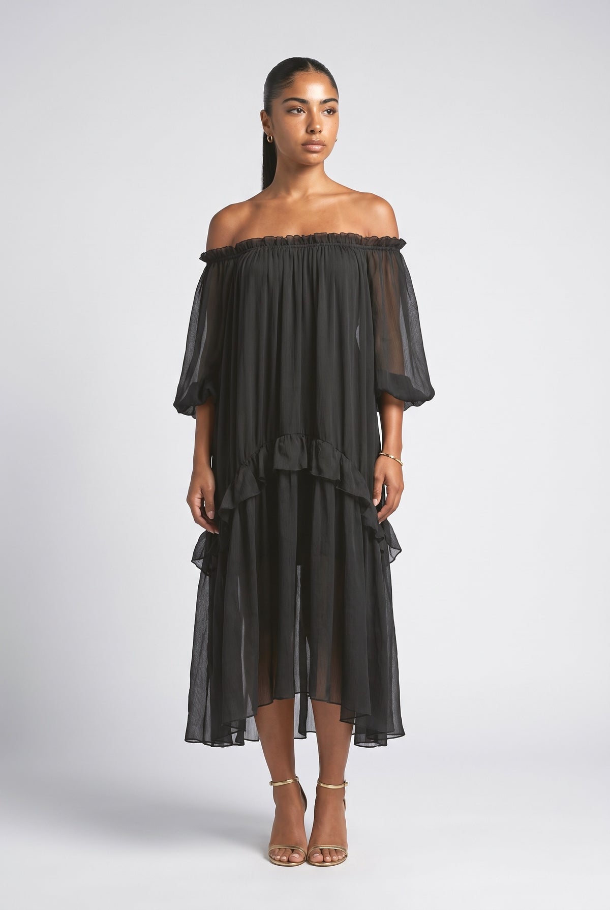 Blue Sheer Off-Shoulder Ruffle Midi Dress, blue