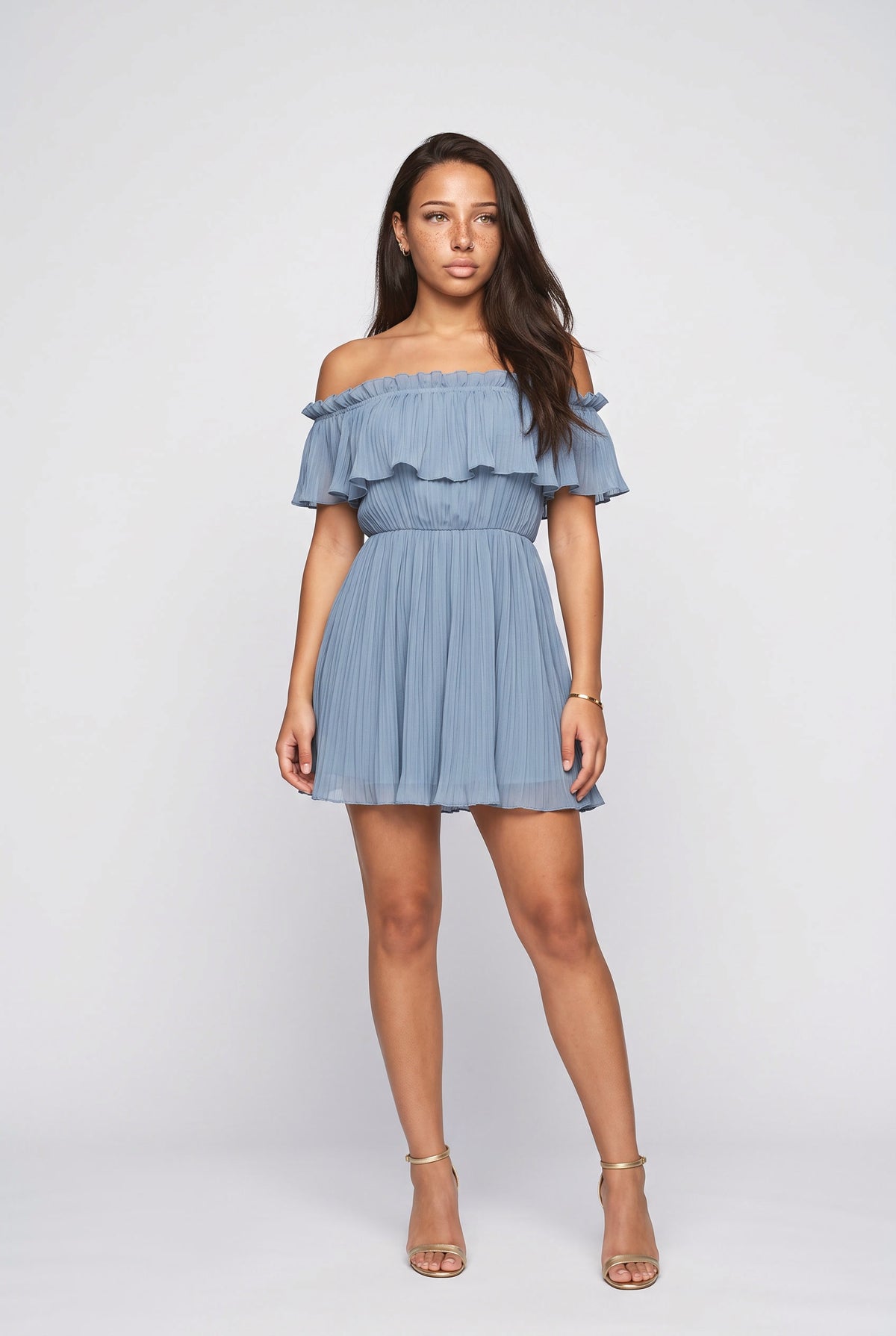 Blue Off-Shoulder Ruffle Mini Dress, blue