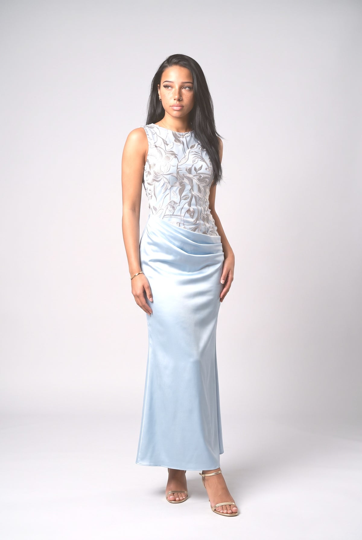 Satin Crew Neck Sleeveless Maxi Dress, blue