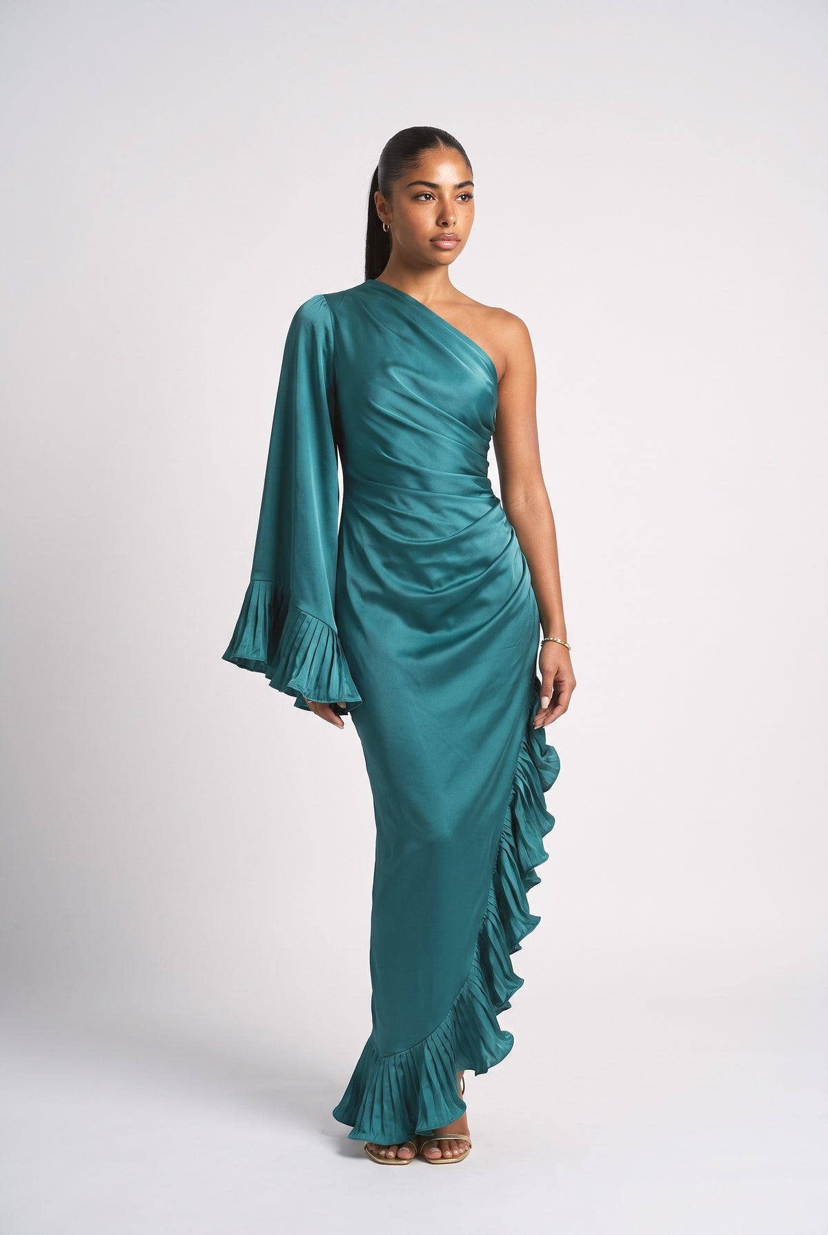 Blue Satin One-Shoulder Ruffle Maxi Dress, blue
