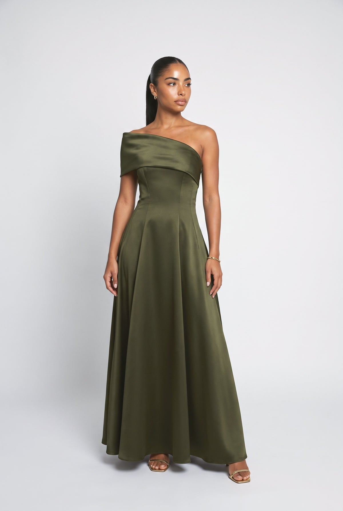 Satin One-Shoulder A-Line Maxi Dress, blue