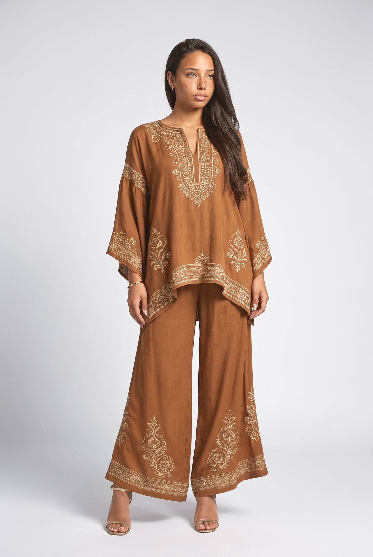 Brown Floral Batwing Sleeve Outfit Set, brown set