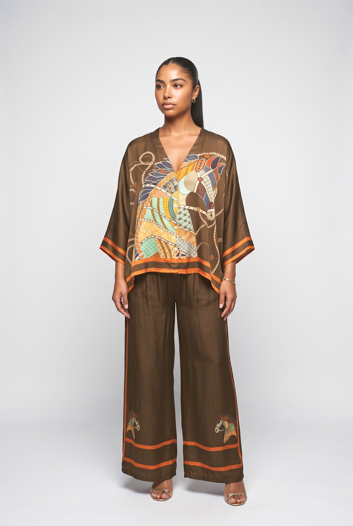 Horse Print Satin Kimono Top & Pants Two-Piece Set, brown set