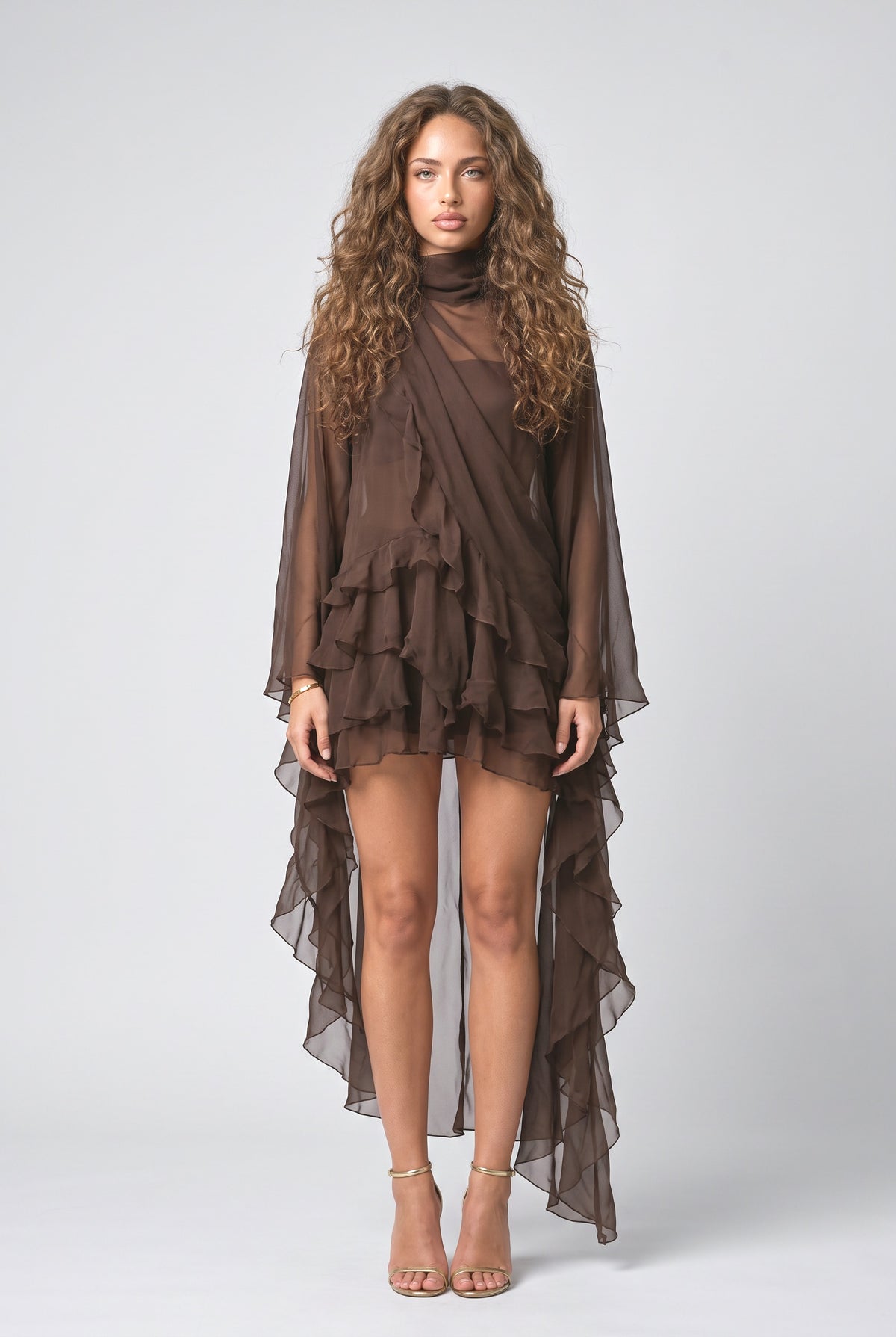 Brown Chiffon High Neck Ruffle Midi Dress, brown
