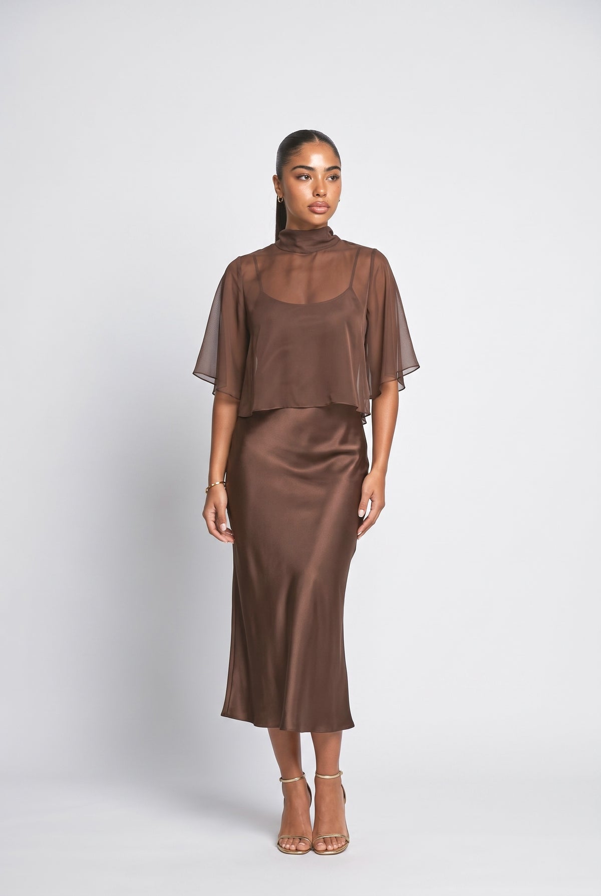 Brown Satin Outfit Set, brown