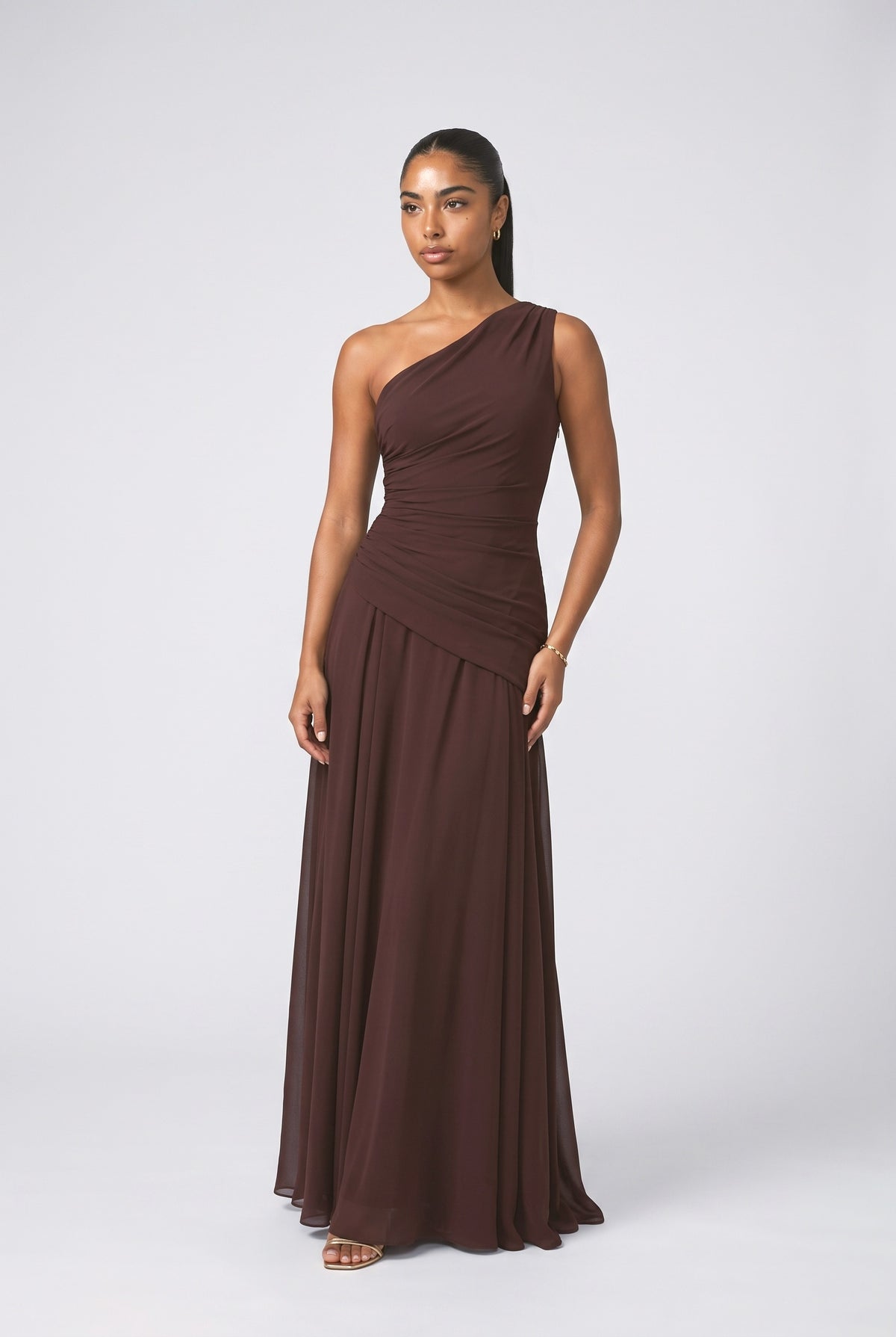 Chiffon One-Shoulder Ruched Maxi Dress, brown