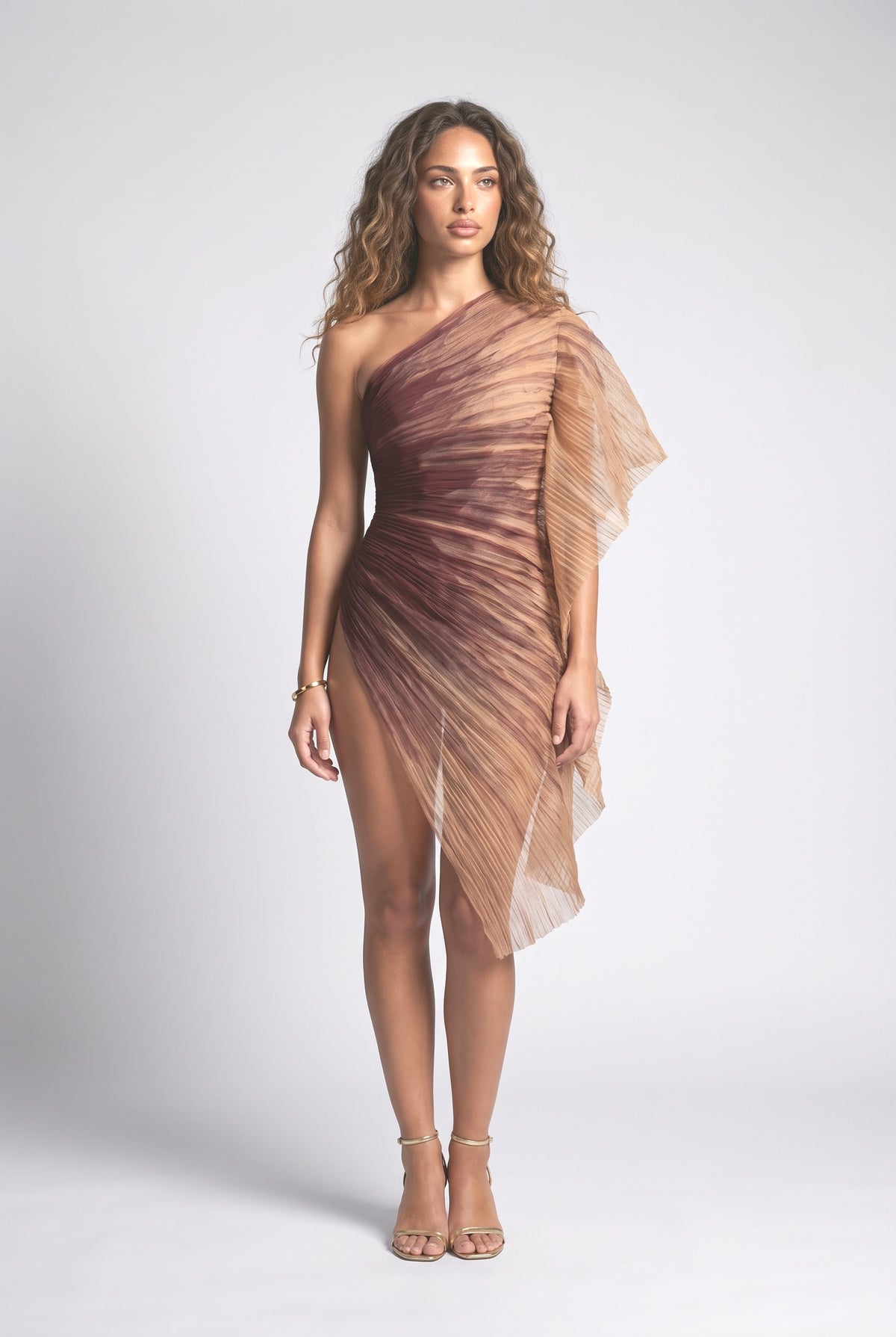 Brown One-Shoulder Pleated Mini Dress, brown