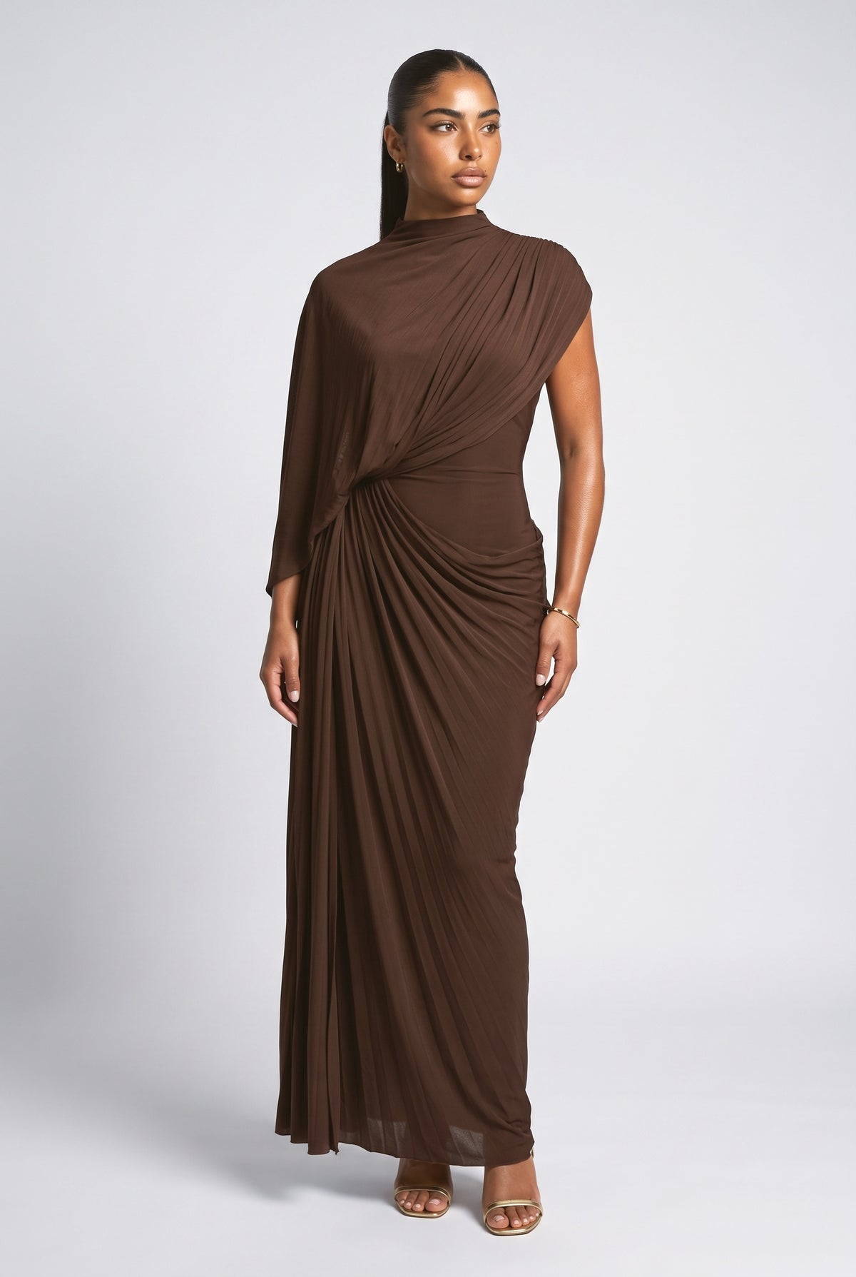 Irregular Shawl Pleated Maxi Dress, brown