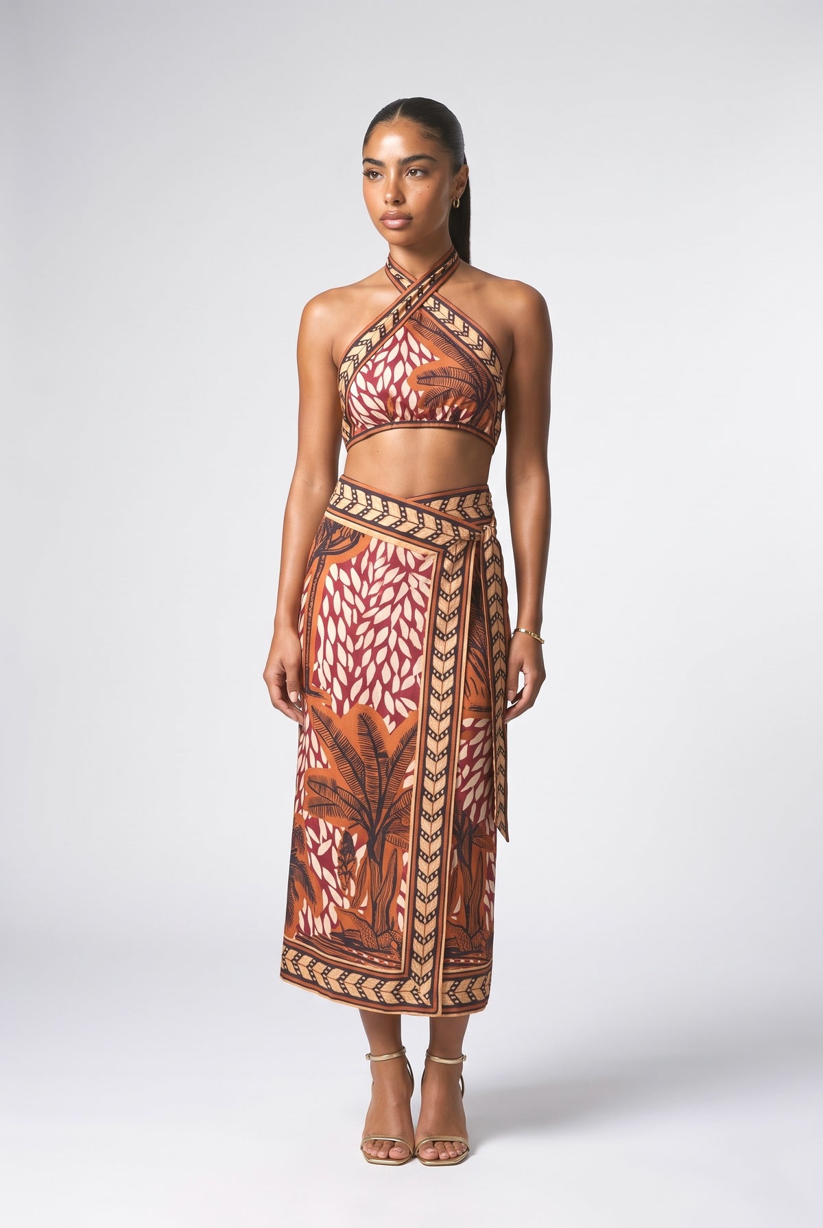 Brown Print Halter Neck Outfit Set, brown