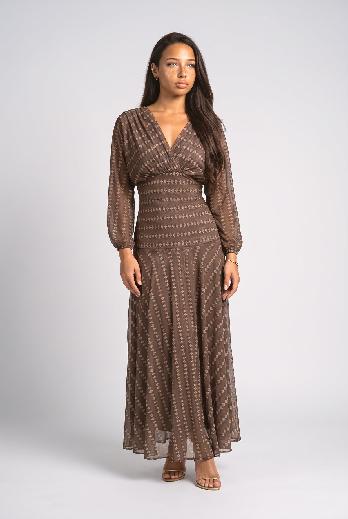 Brown Mesh V-Neck Maxi Dress, brown