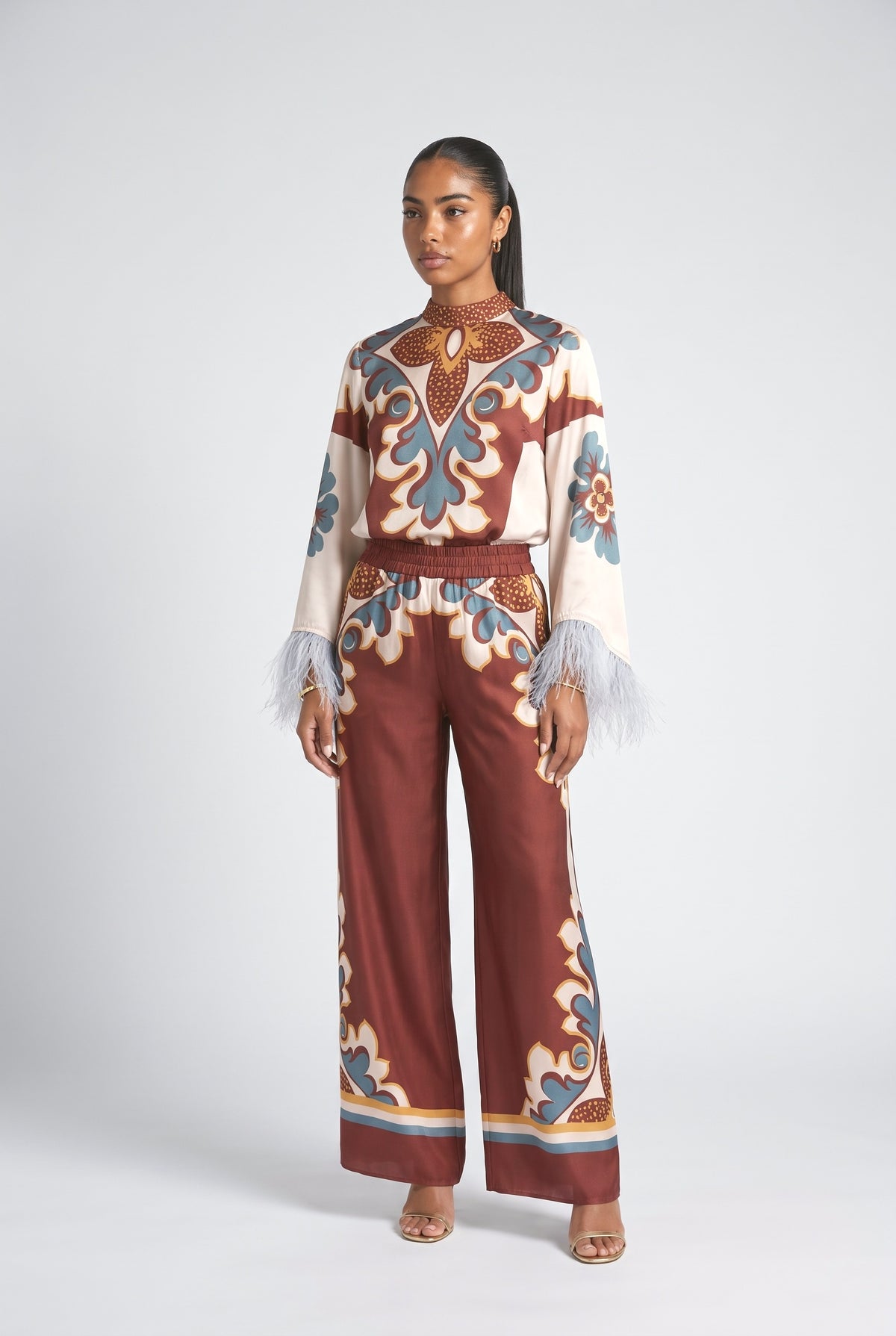 Brown Satin Feather Trim Outfit Set, brown