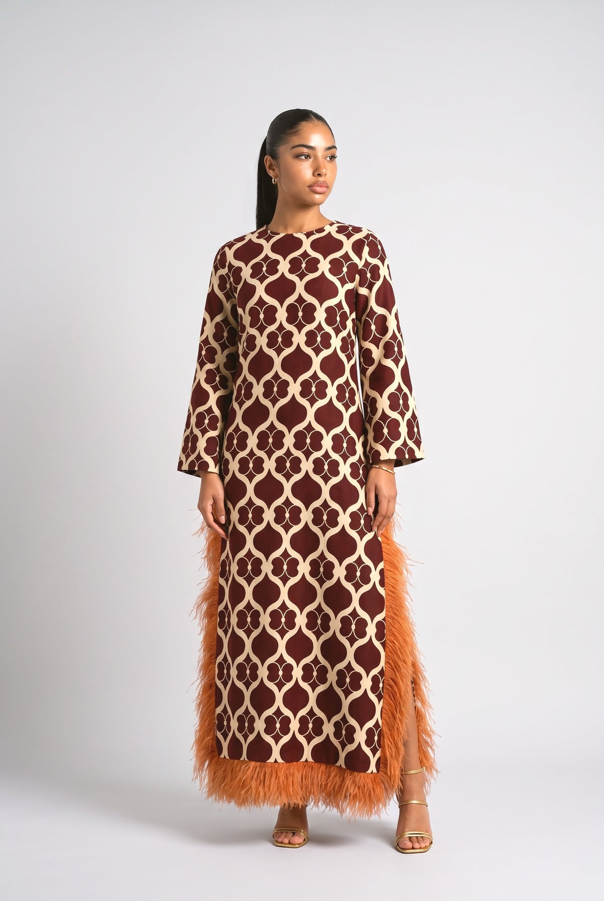Brown Print Feather Trim Maxi Dress, brown