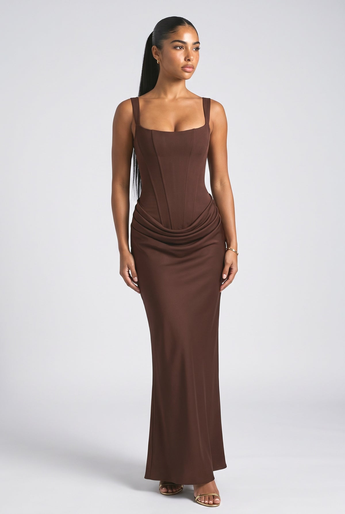 Sling Slim Fit Pleated Maxi Dress, brown