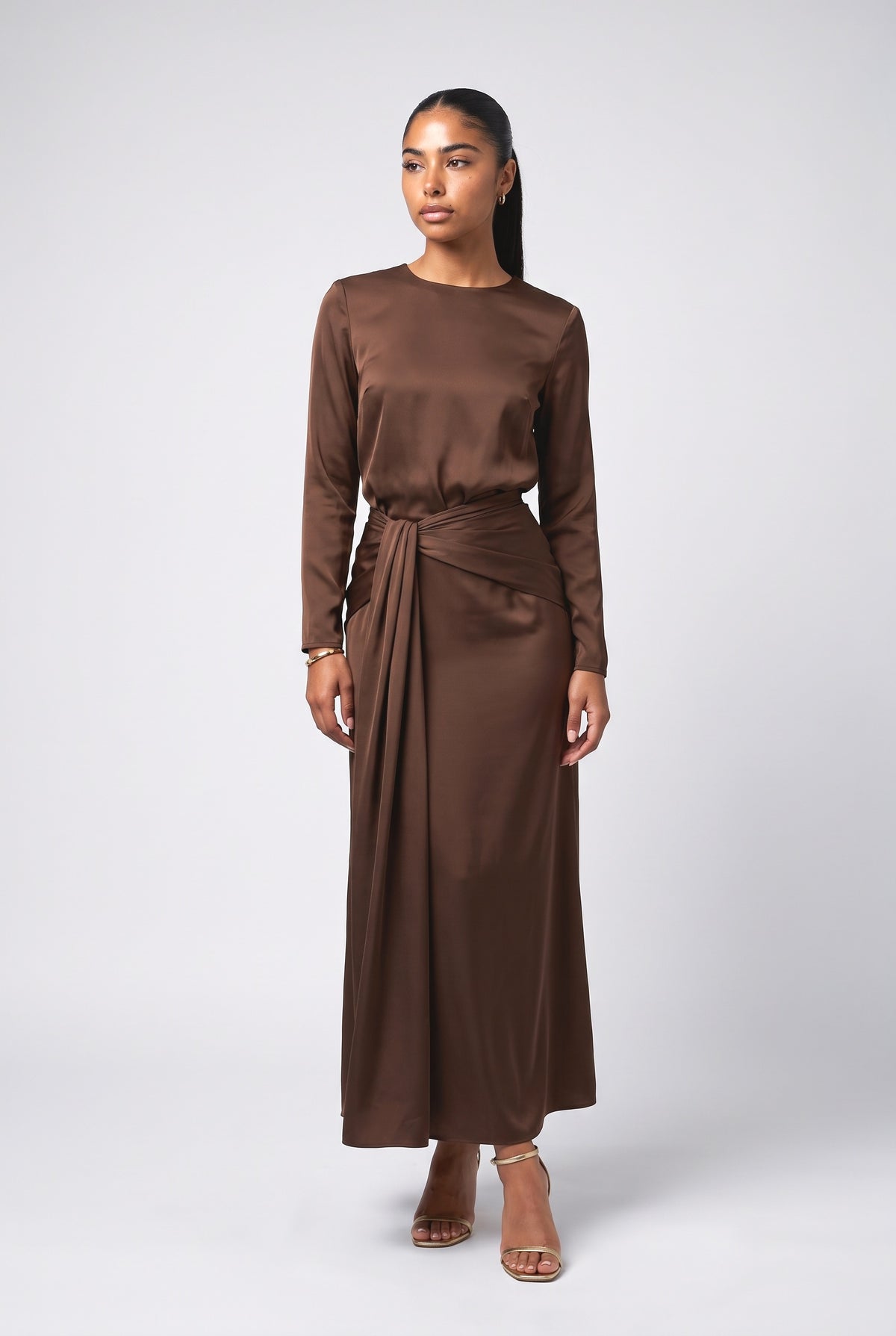 Satin Draped Maxi Dress, brown