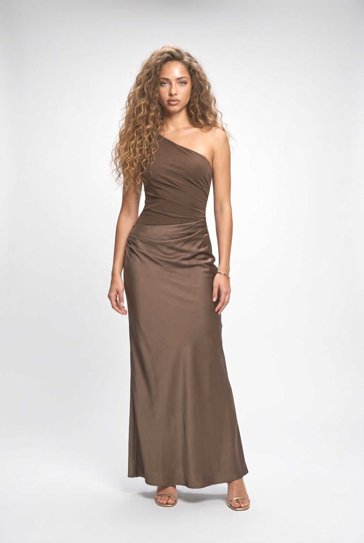 One Shoulder Neck Pleated Party Maxi Dress, brown
