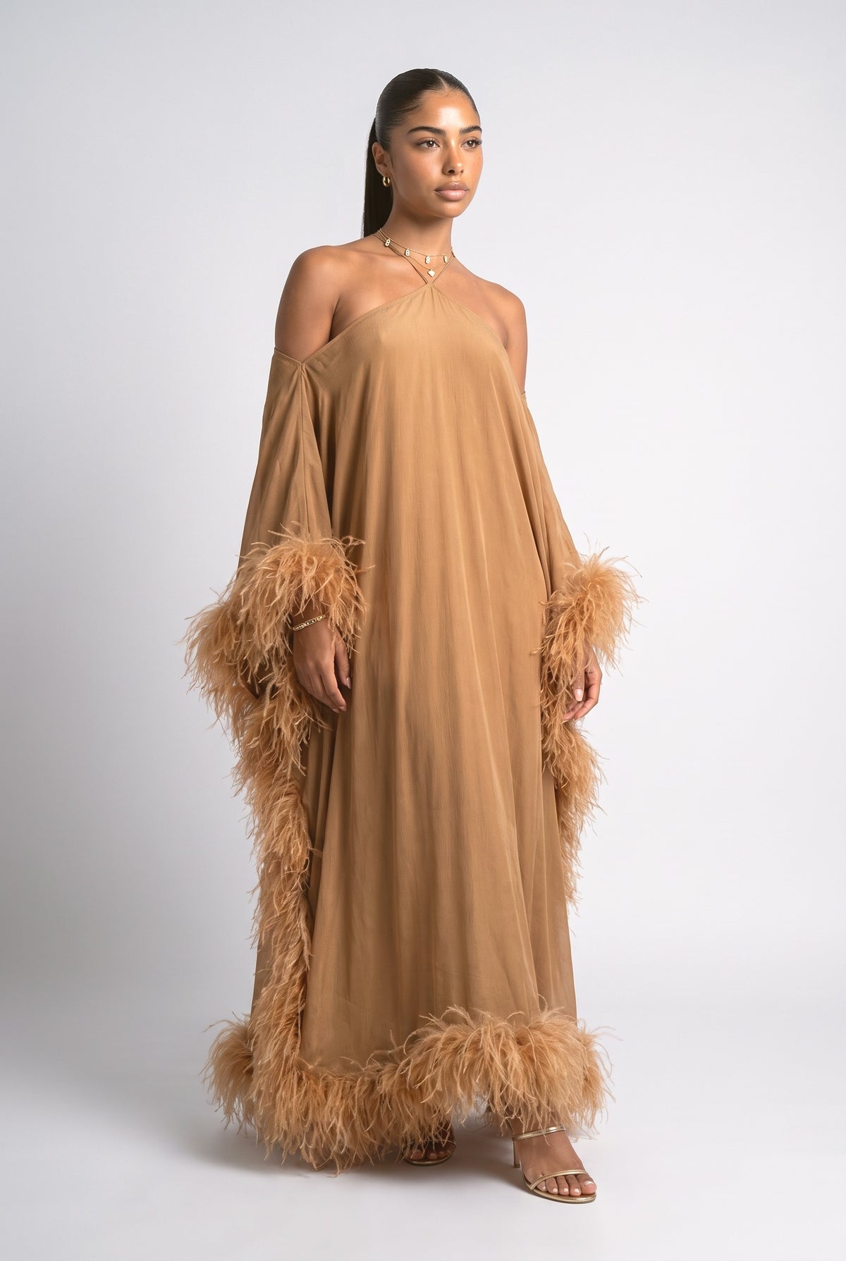 Brown Off-Shoulder Feather Trim Maxi Dress, brown