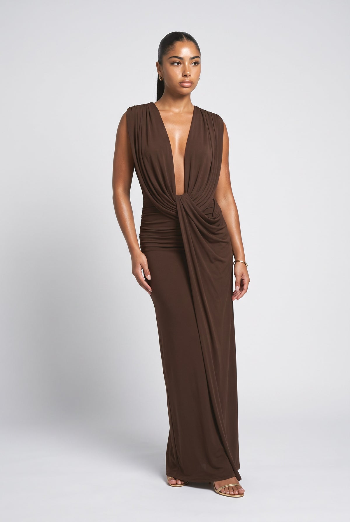 Brown V-Neck Sleeveless Draped Maxi Dress, brown