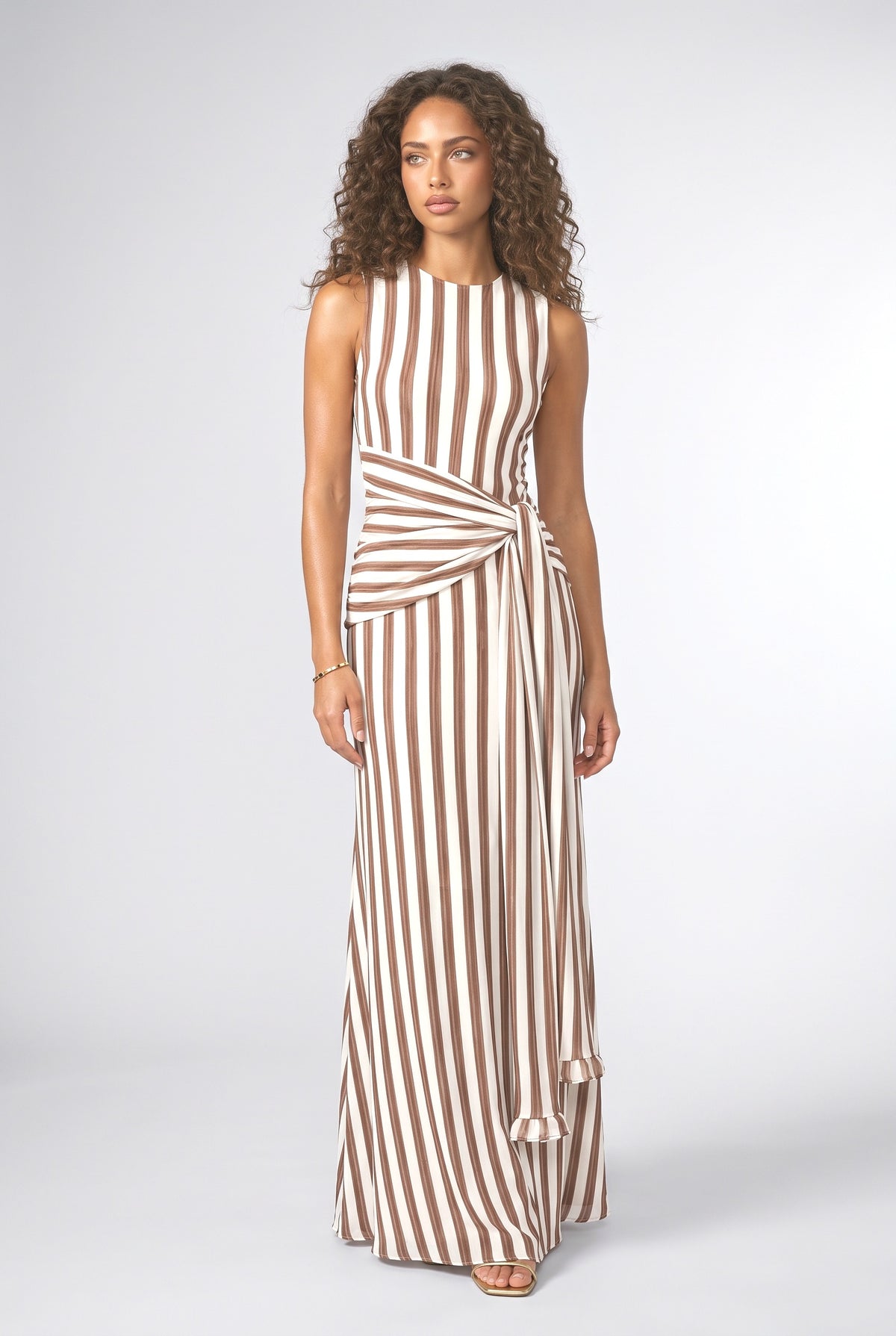 Brown Striped Sleeveless Maxi Dress, brown